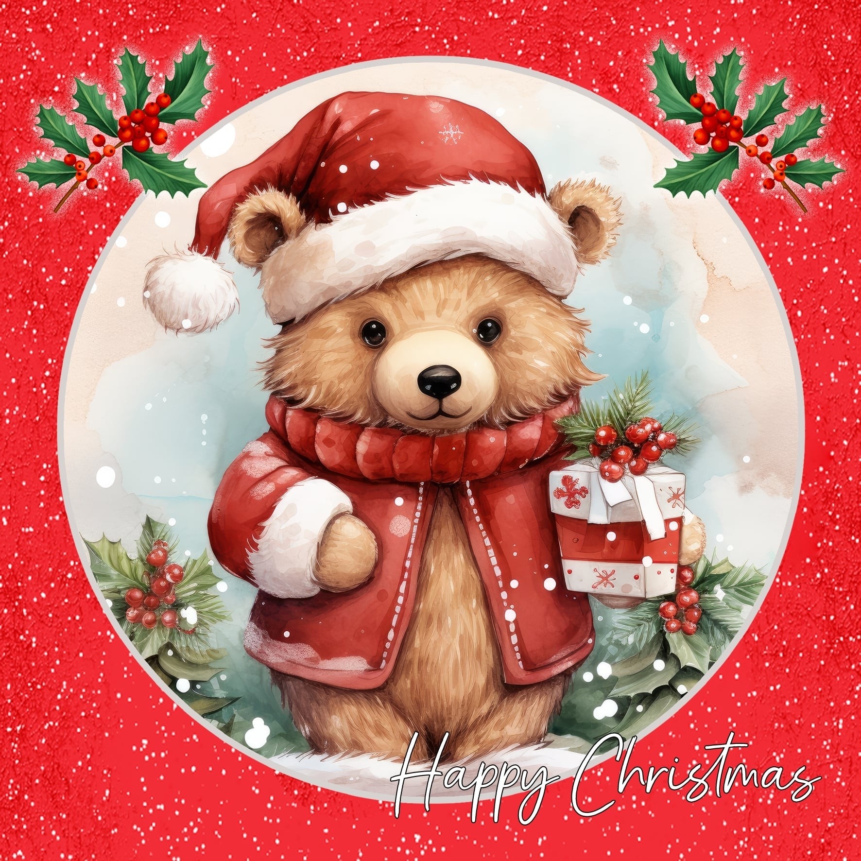 Bear Square Christmas Card (Red, Globe)