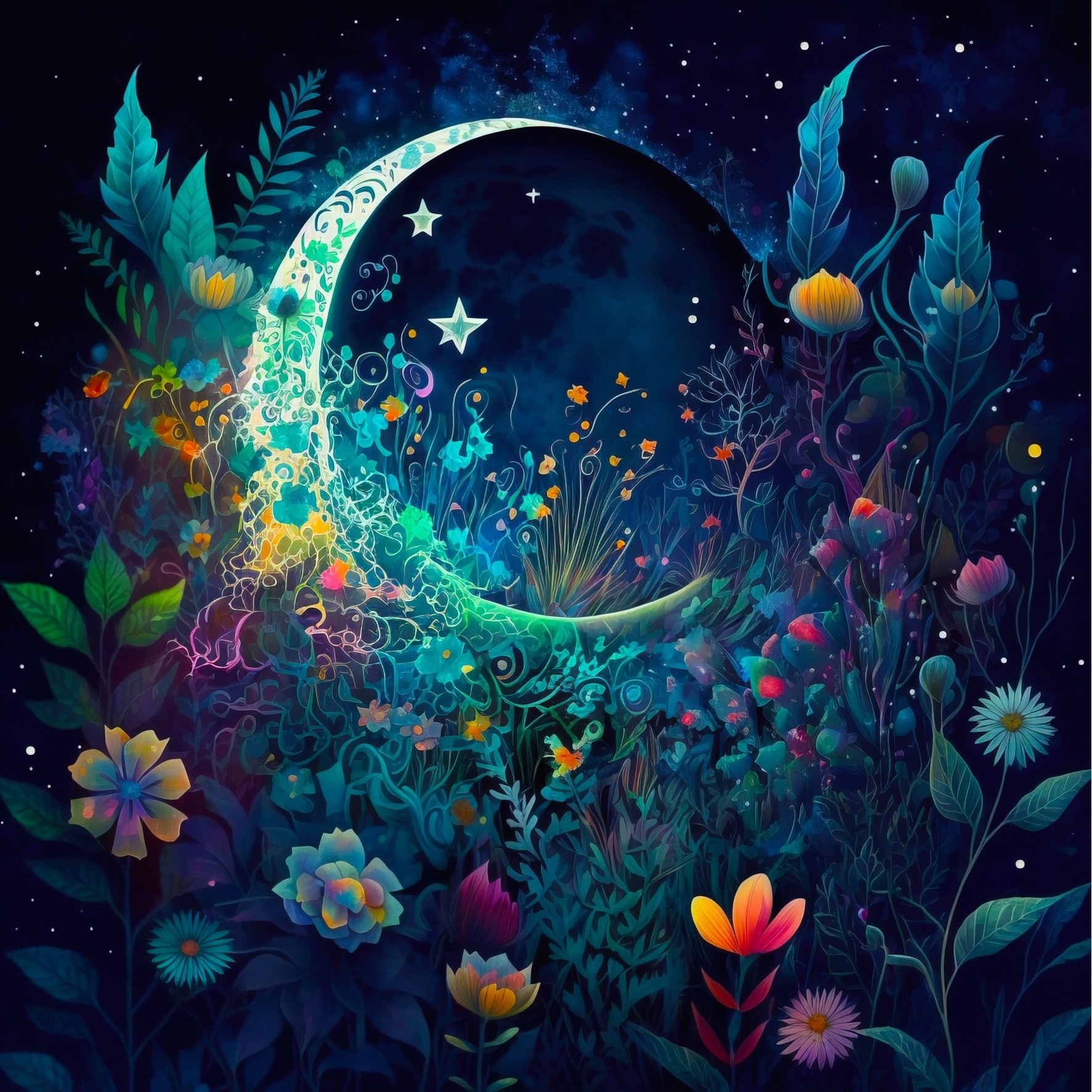 Fantasy Art Moon Flowers Square Greeting Card Design 2