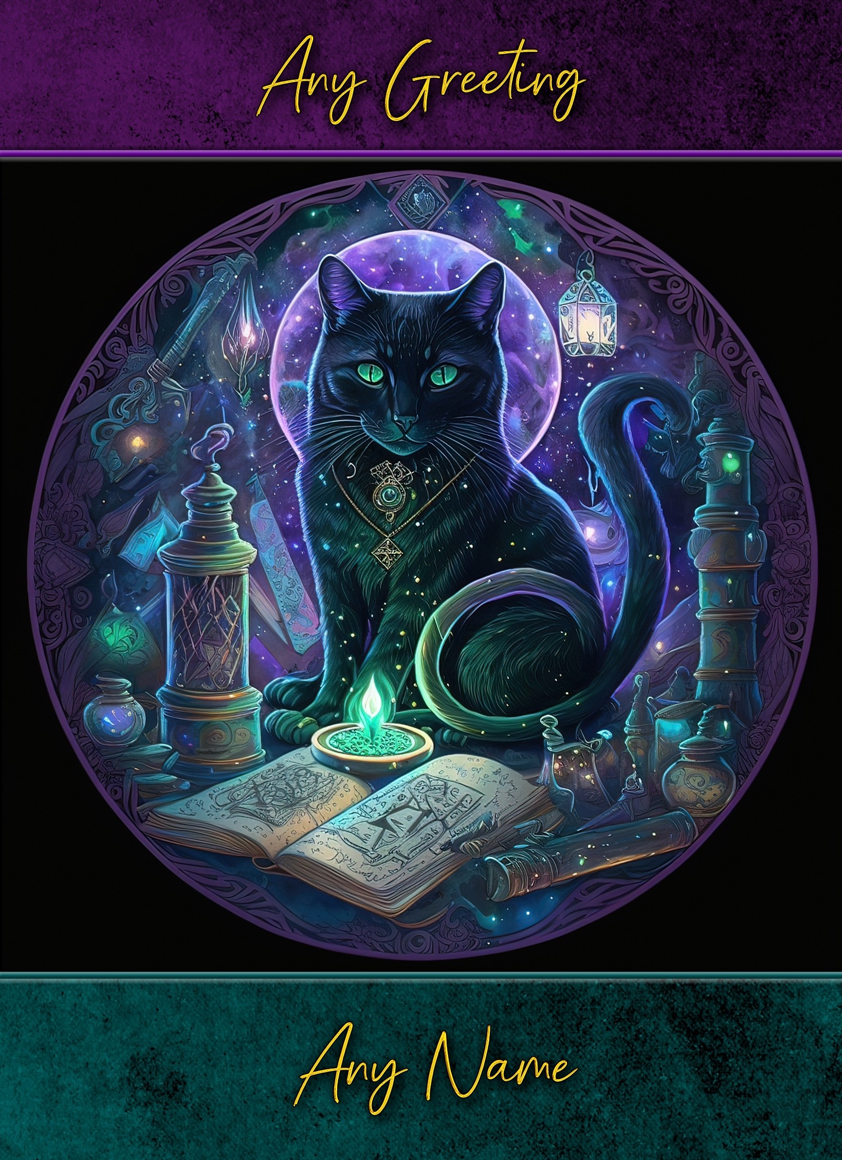 Personalised Black Cat Mystic Fantasy Greeting Card (Birthday, Fathers Day, Any Occasion)