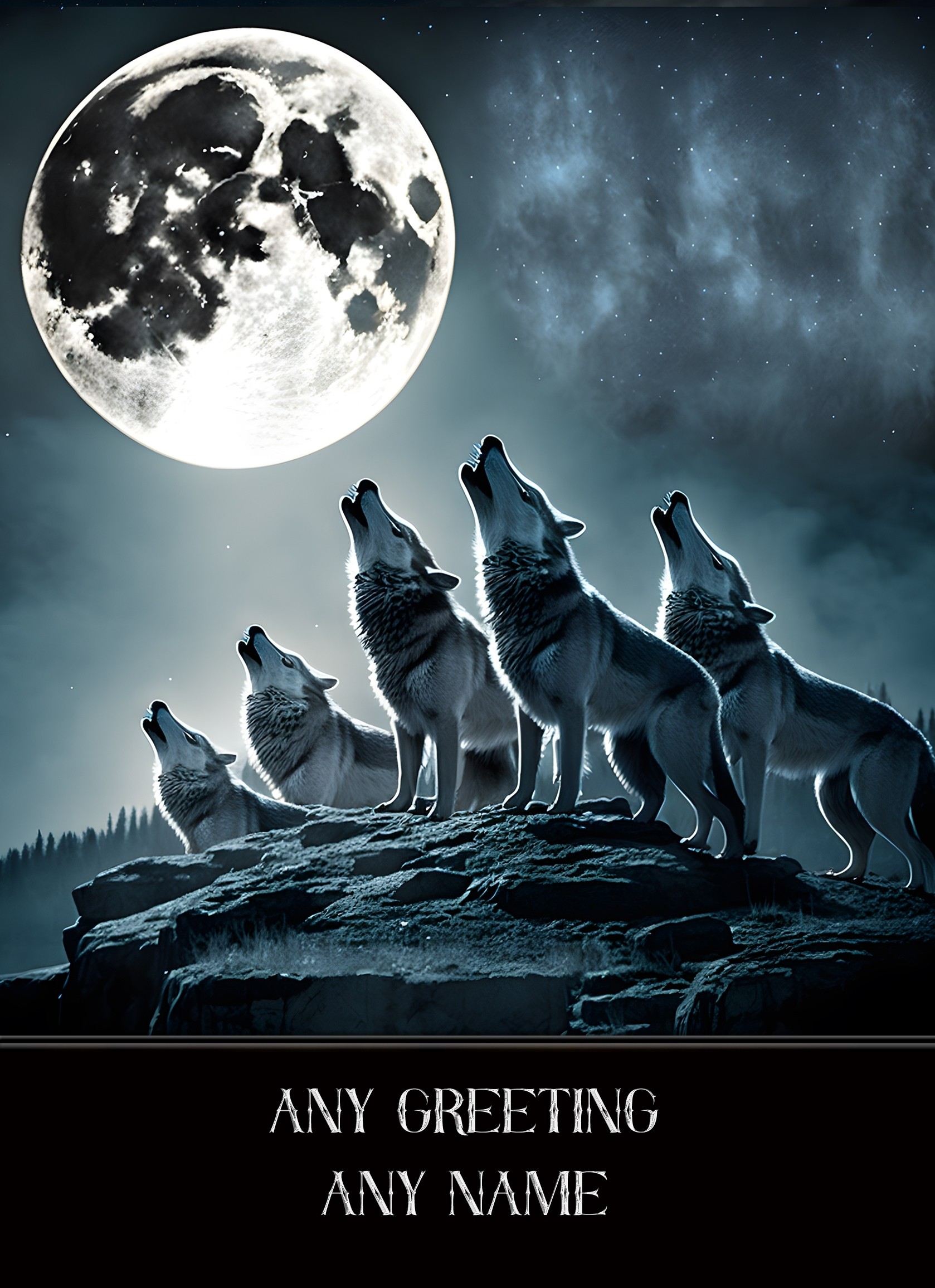 Personalised Wolf Howling Art Fantasy Greeting Card (Birthday, Fathers Day, Any Occasion)