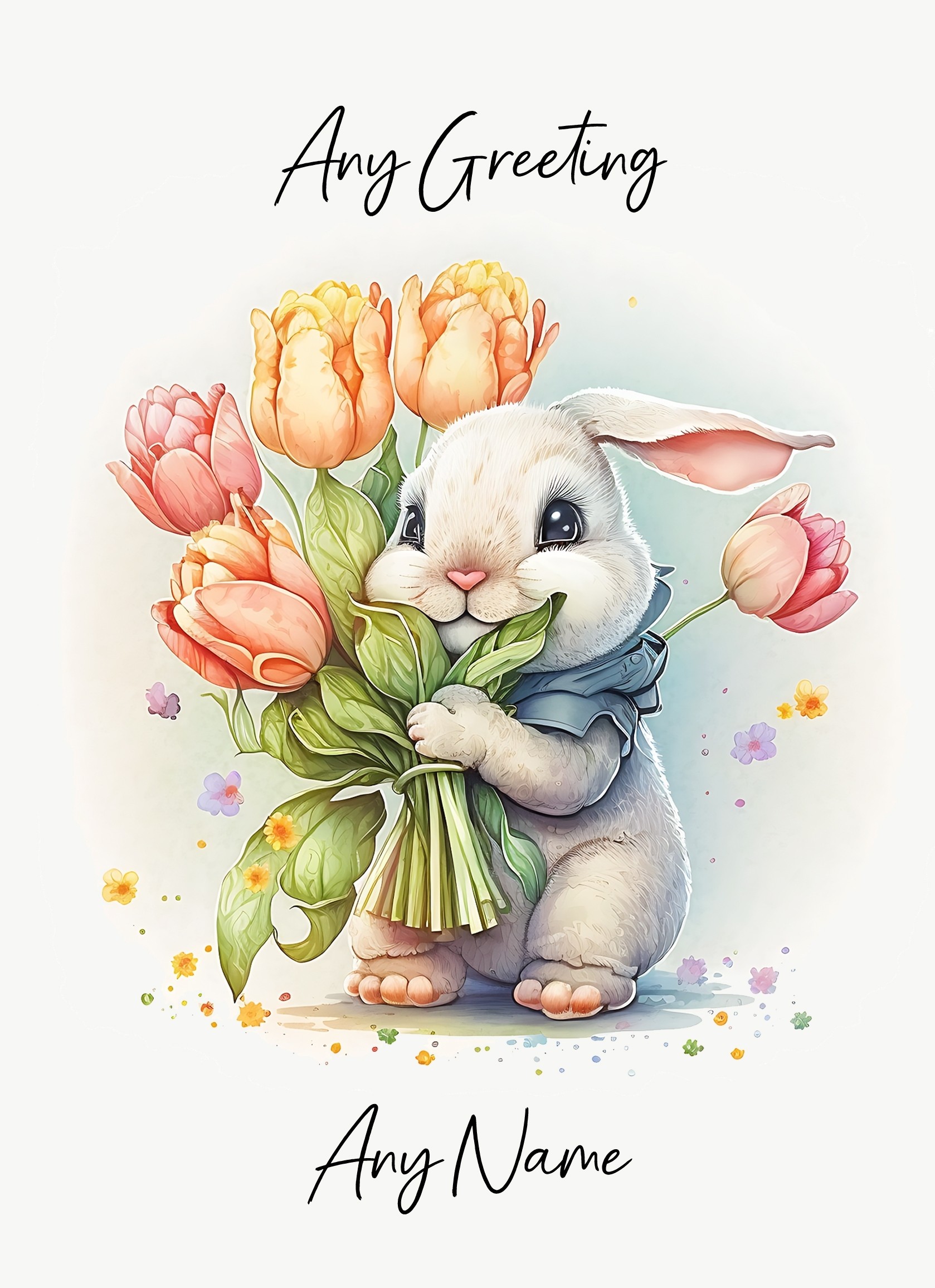 Personalised Bunny Rabbit with Flowers Watercolour Art Greeting Card (Birthday, Fathers Day, Any Occasion) 2