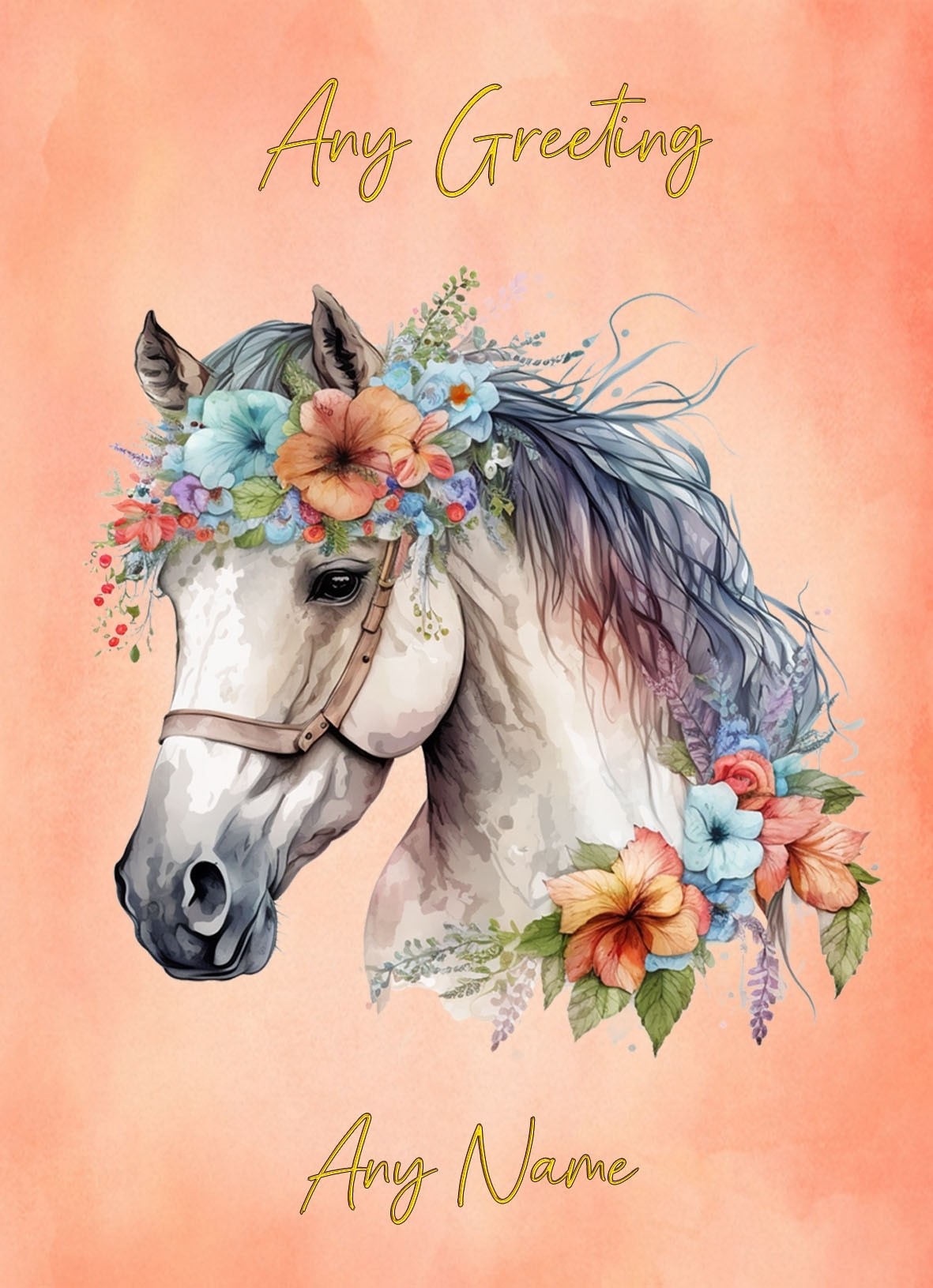 Personalised Horse Art Flowers Greeting Card (Design 2)