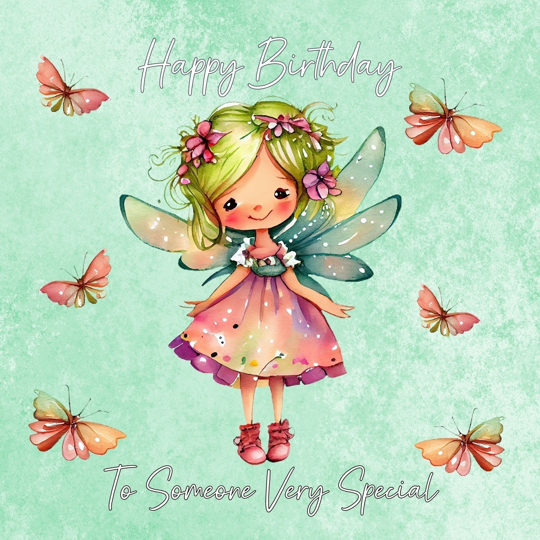 Fantasy Fairies Square Birthday Card (Green)