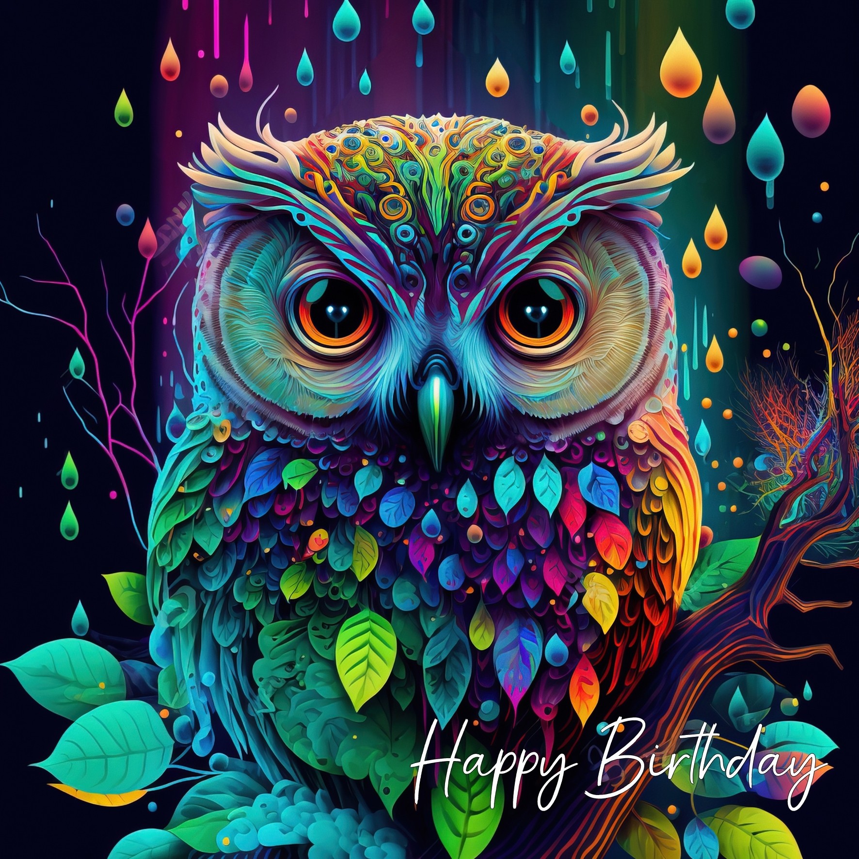 Fantasy Owl Art Square Birthday Card Design 2