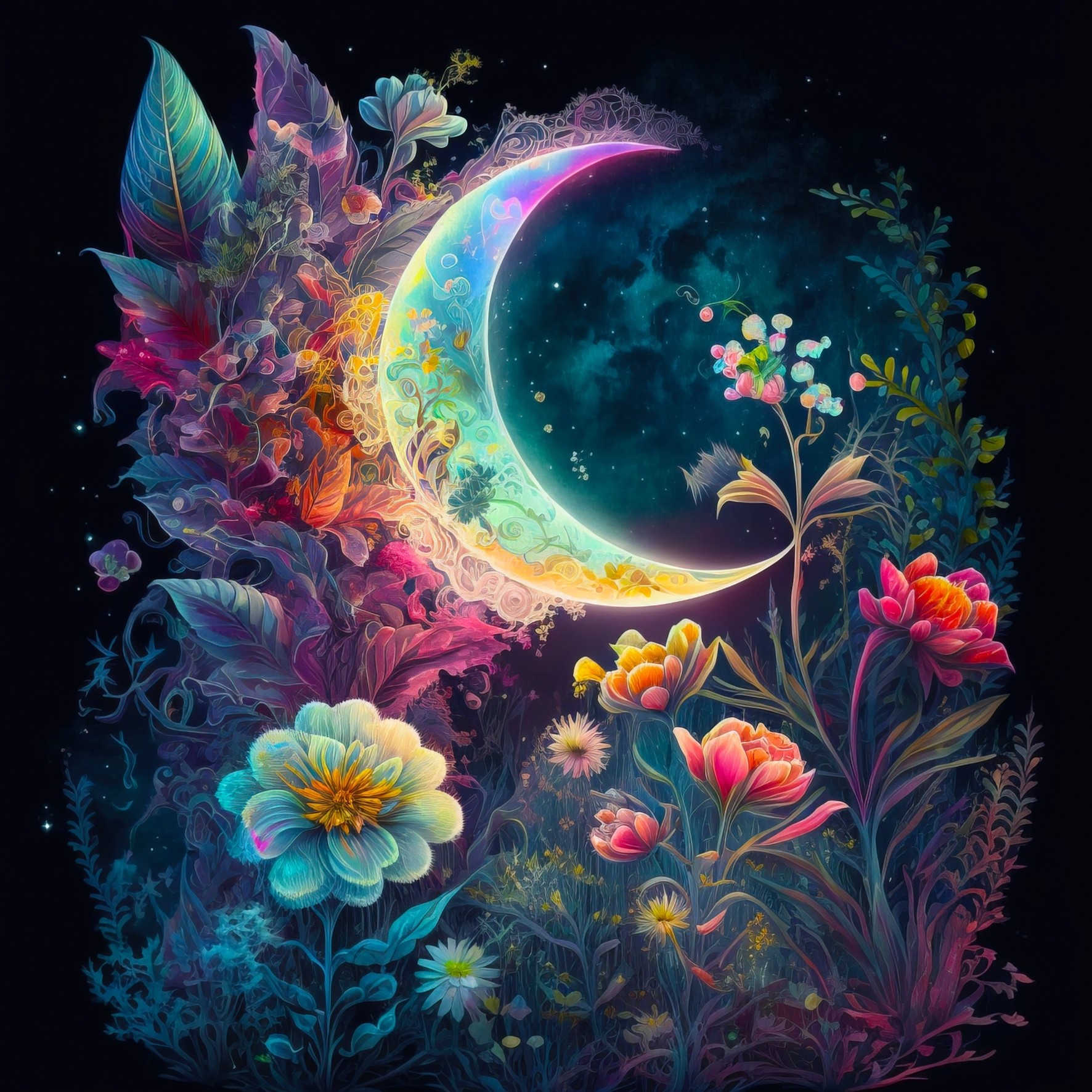 Fantasy Art Moon Flowers Square Greeting Card Design 3