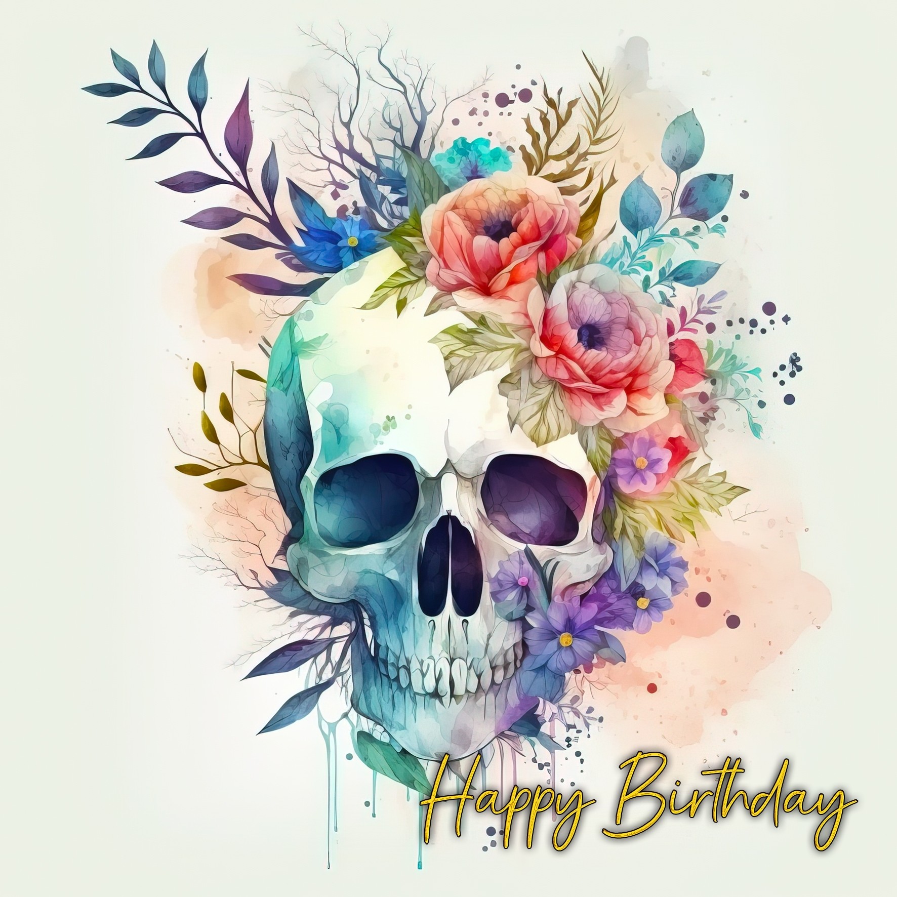 Gothic Skull Fantasy Watercolour Art Birthday Greeting Card