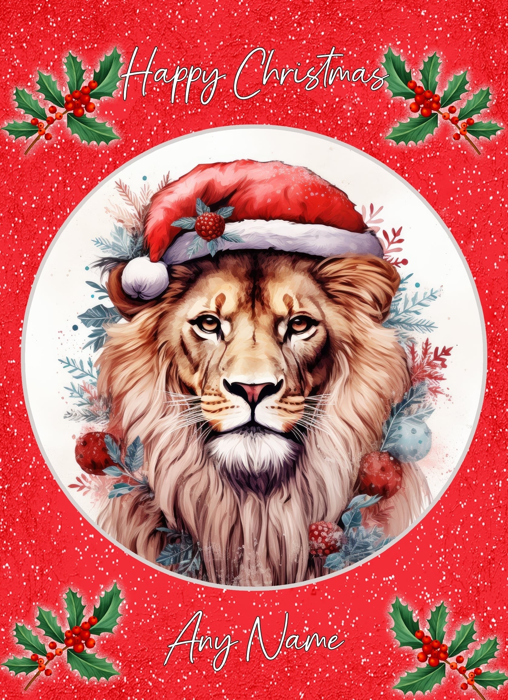 Personalised Lion Christmas Card (Red, Globe)