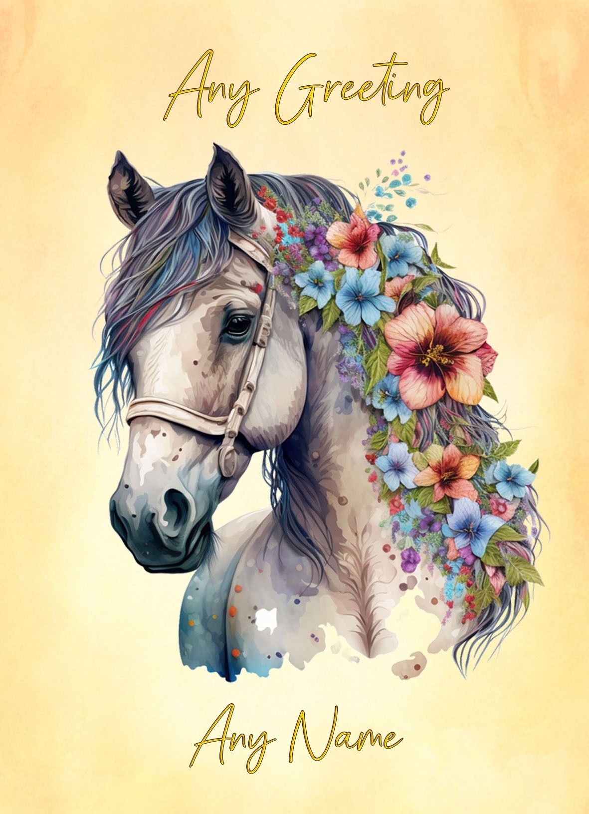 Personalised Horse Art Flowers Greeting Card (Design 5)