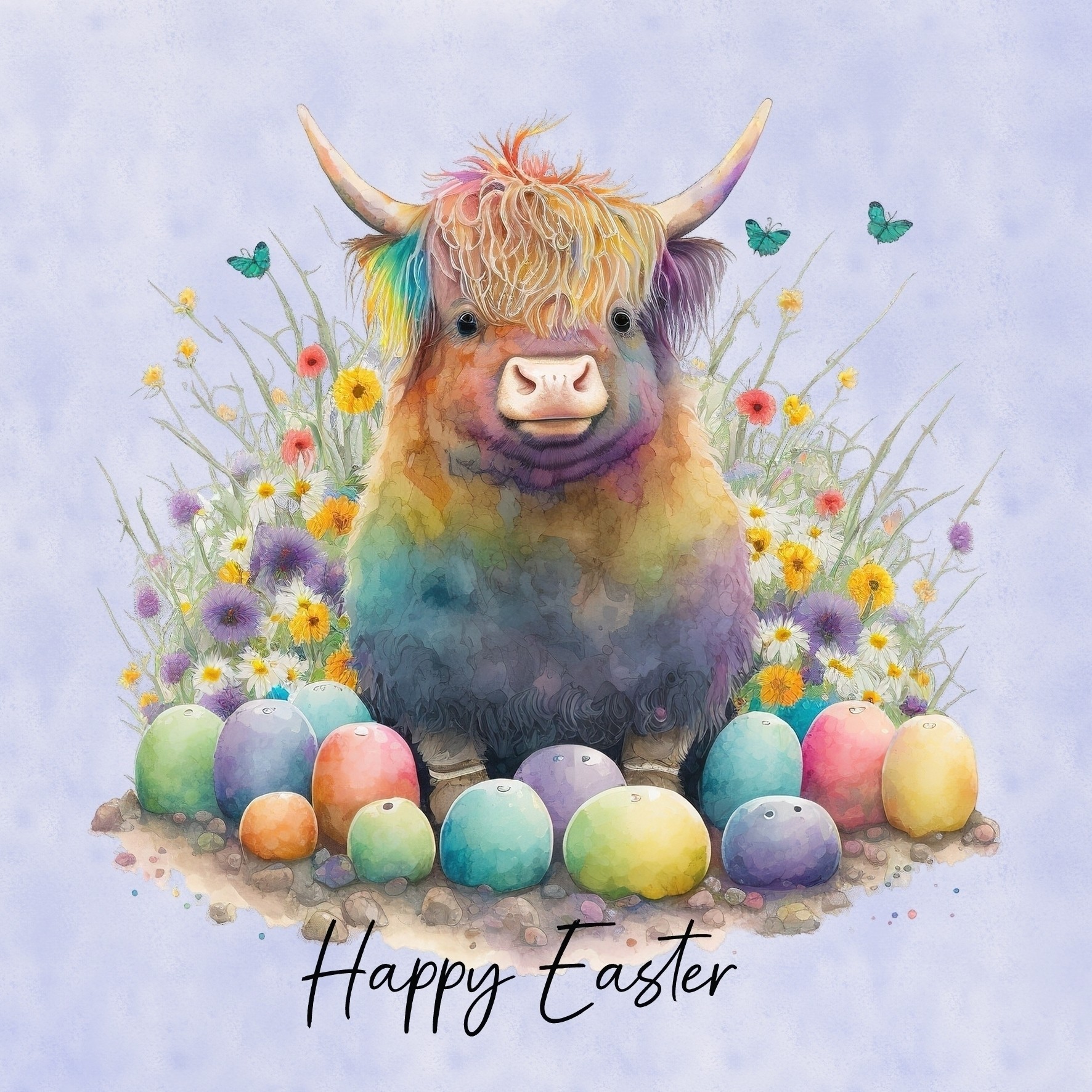 Easter Square Greeting Card (Highland Cow, Blue)