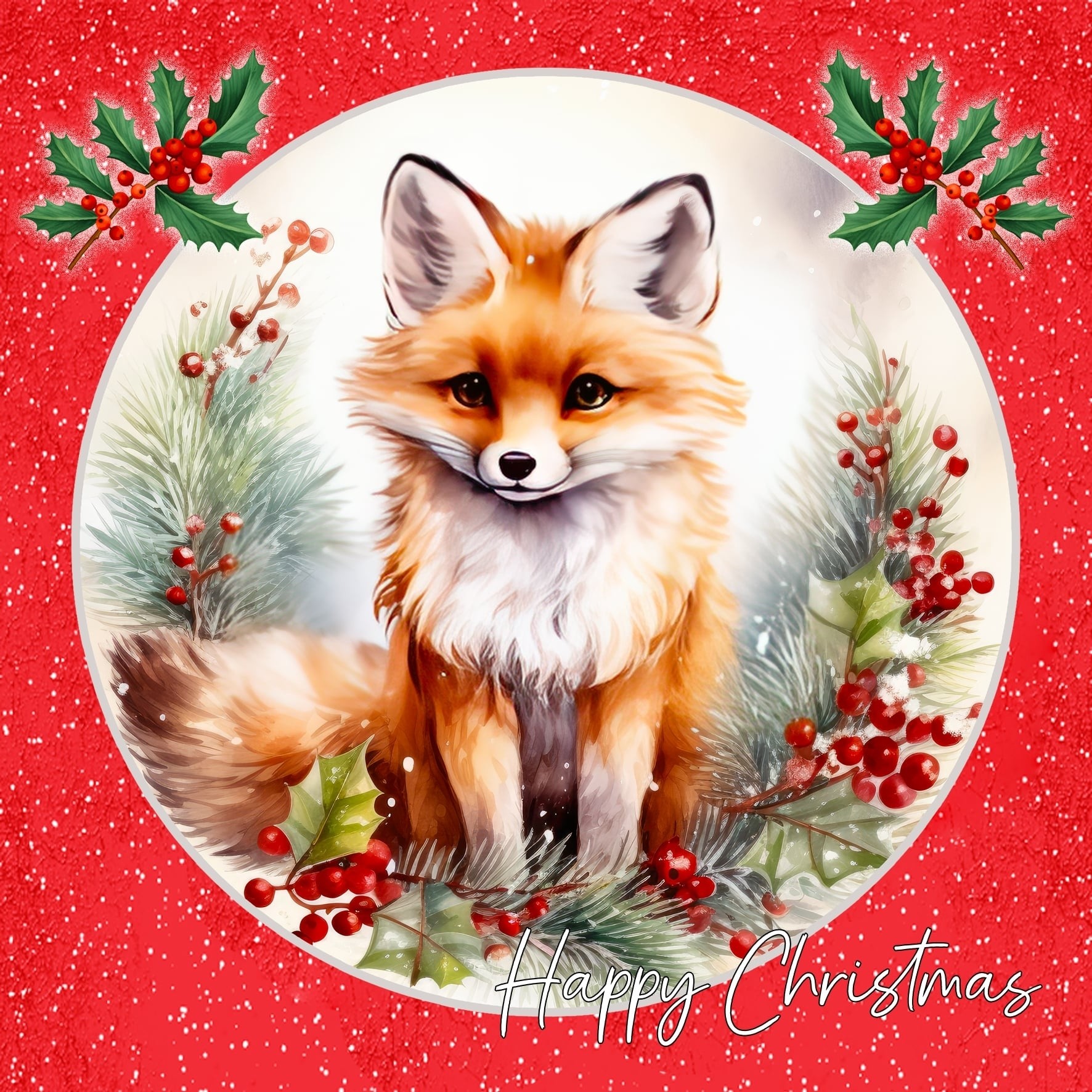 Fox Square Christmas Card (Red, Globe)