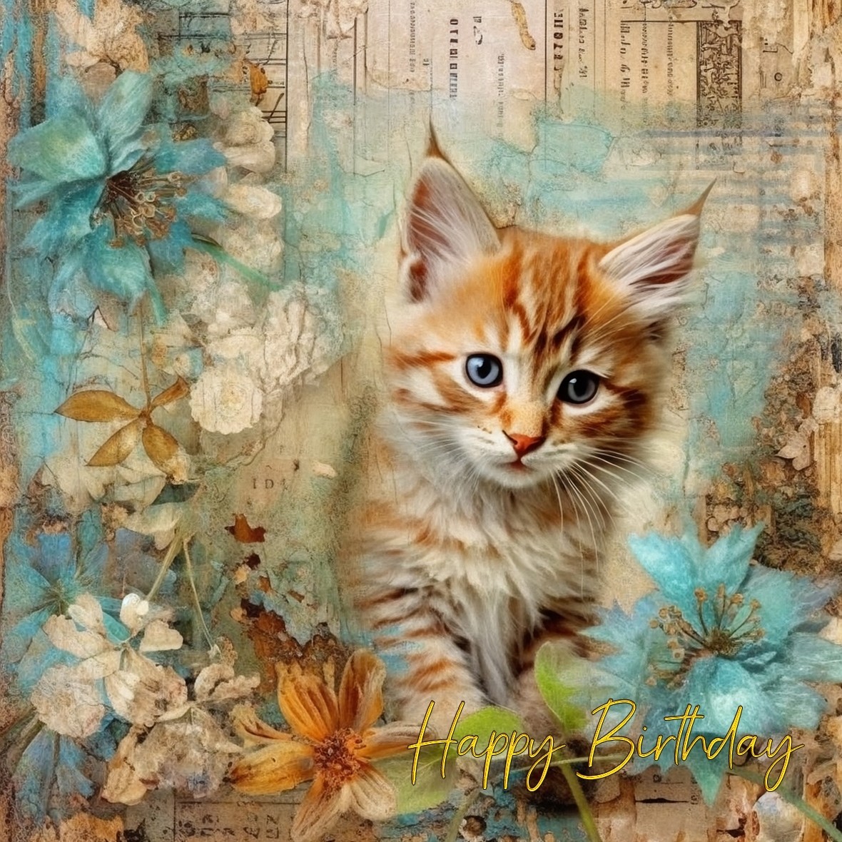 Cat Kitten Art Birthday Square Card (Design 9)