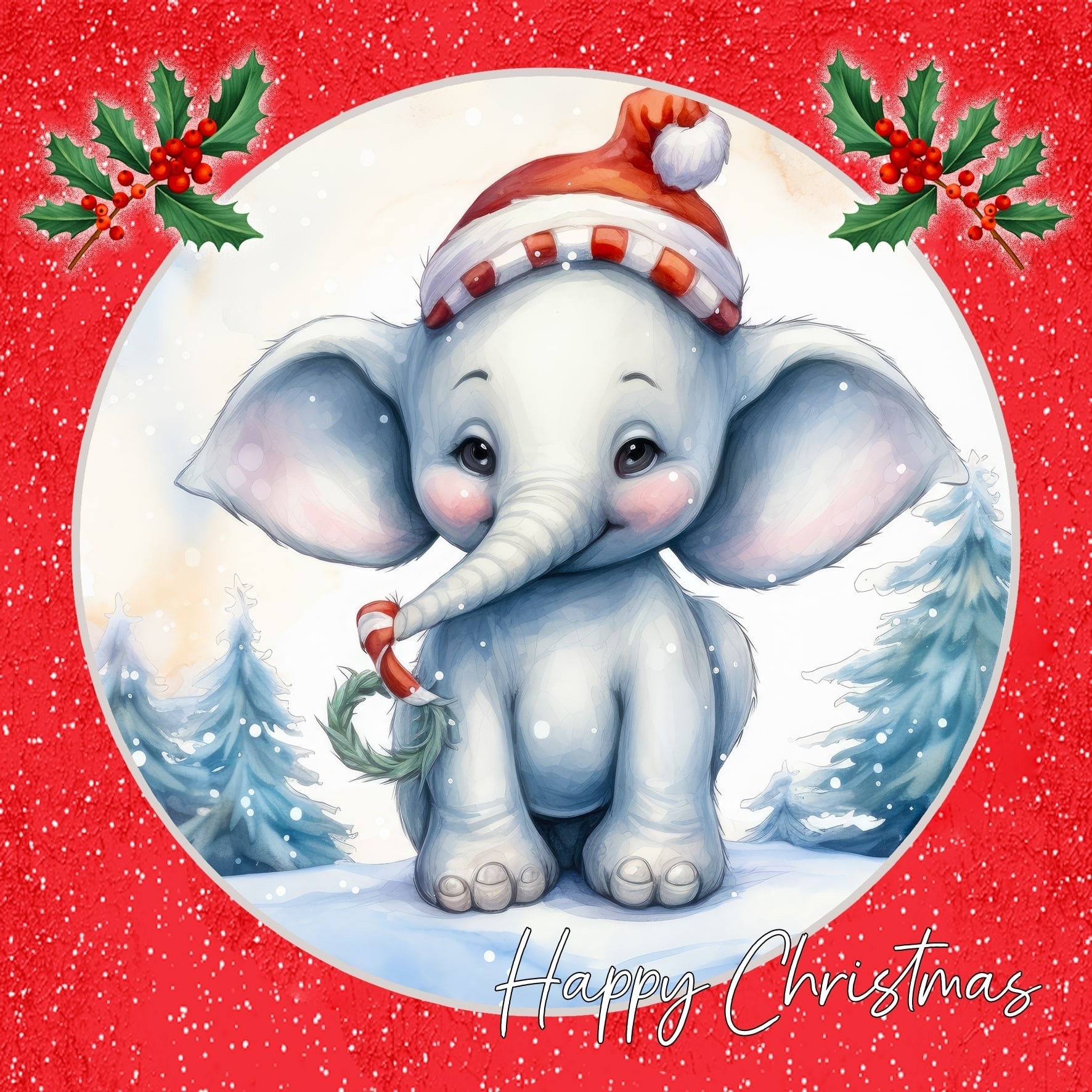 Elephant Square Christmas Card (Red, Globe)
