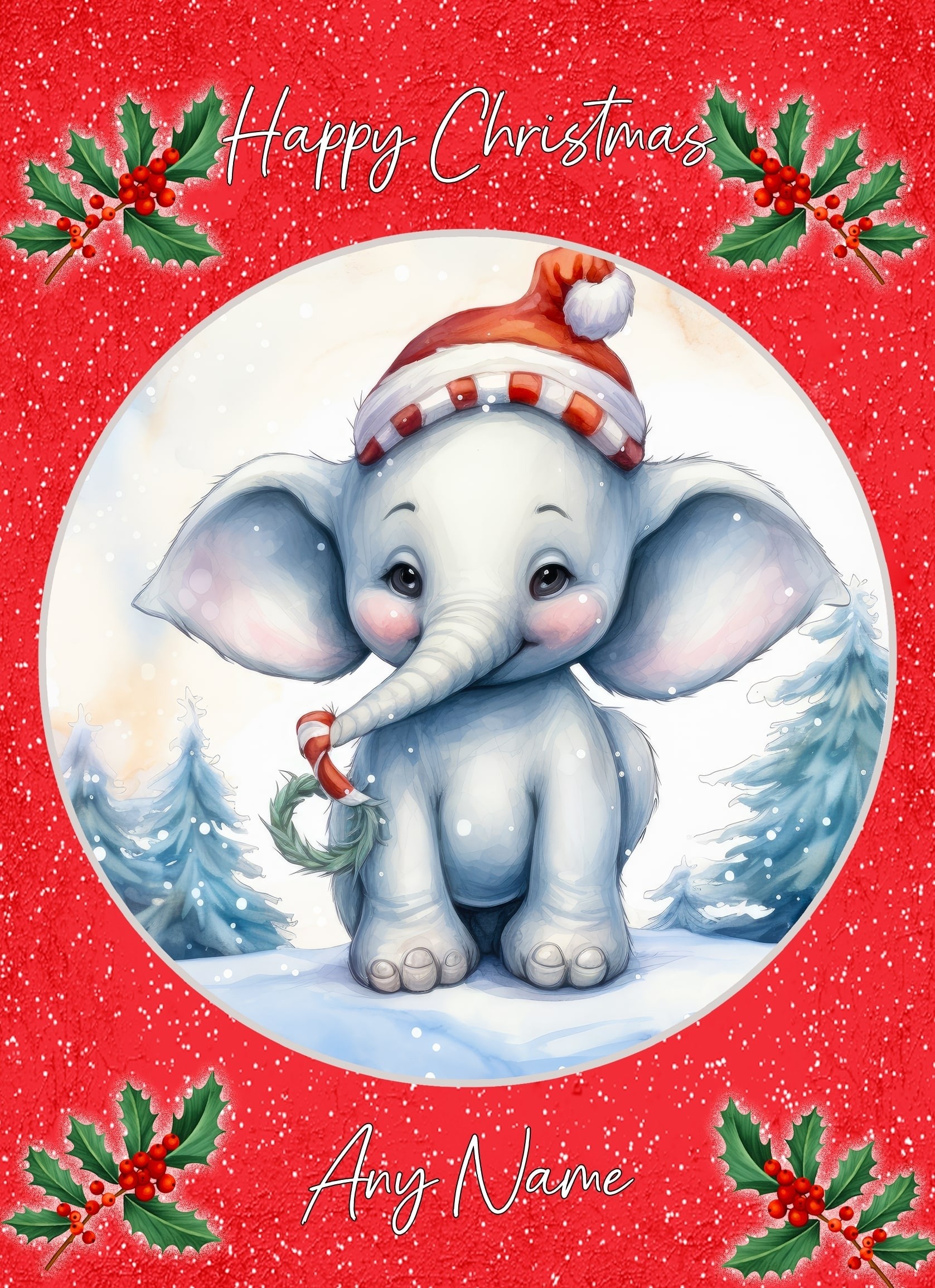 Personalised Elephant Christmas Card (Red, Globe)