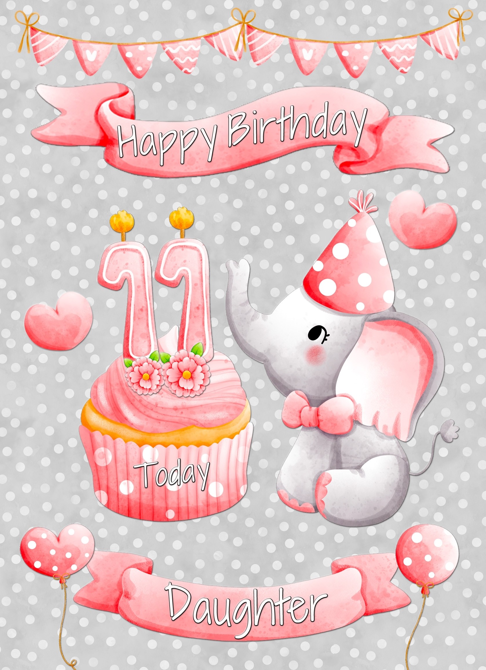 Daughter 11th Birthday Card (Grey Elephant)