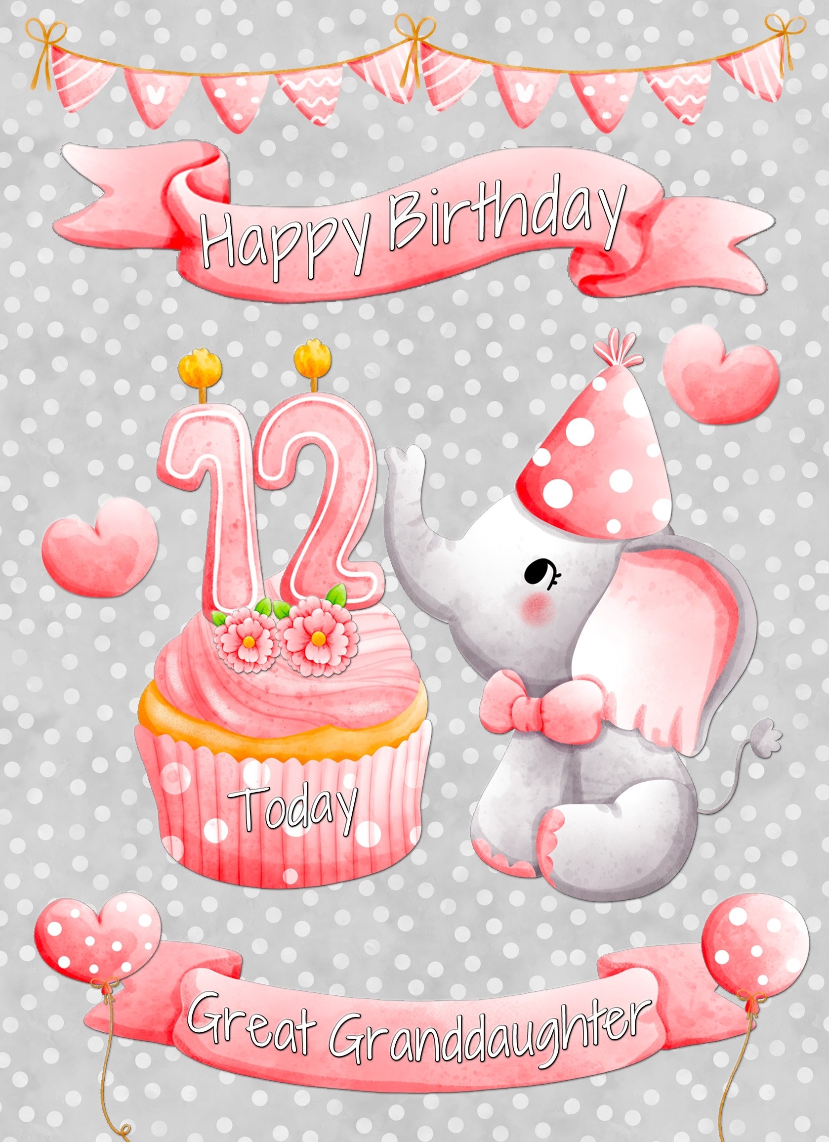 Great Granddaughter 12th Birthday Card (Grey Elephant)