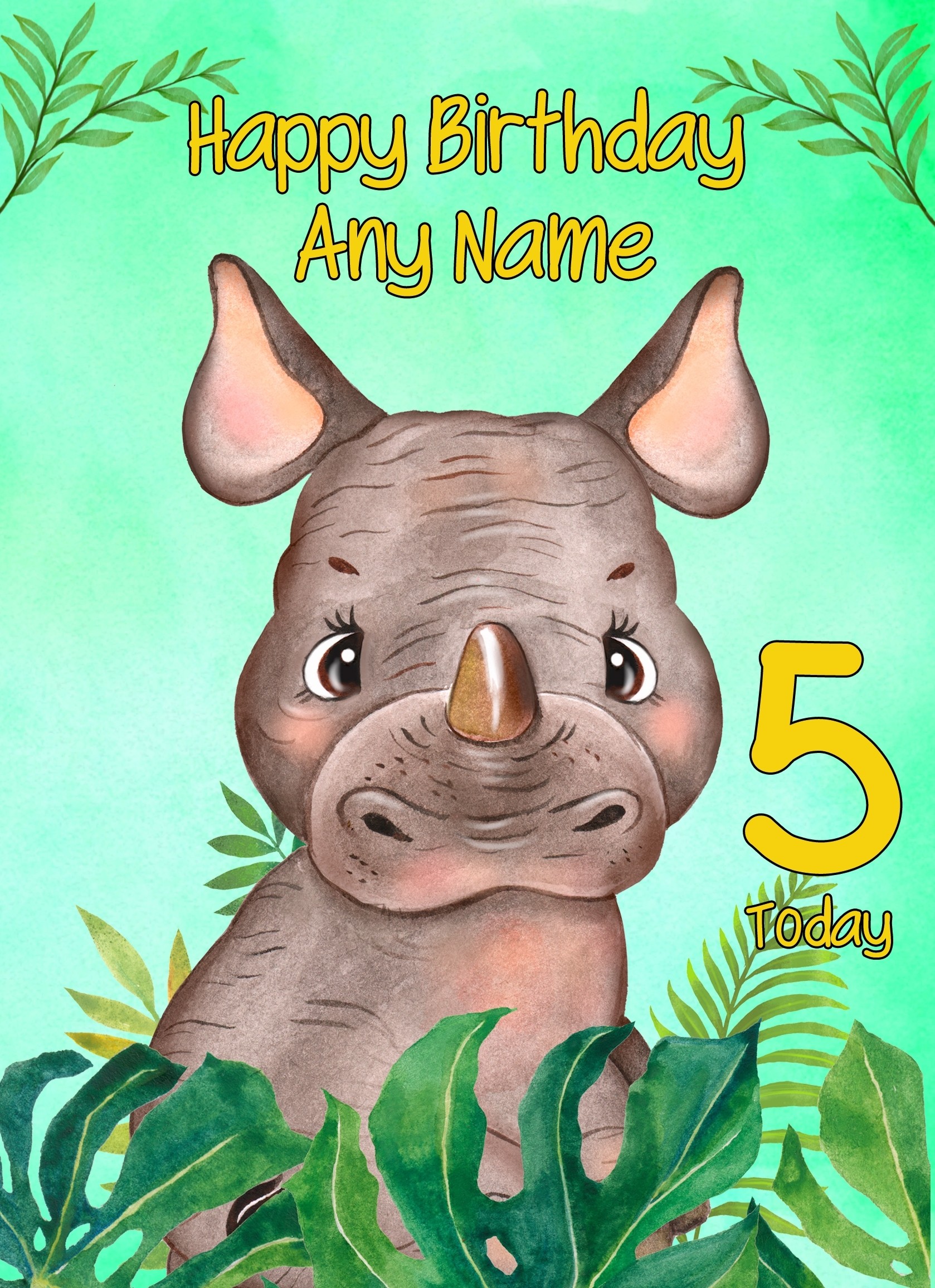 Personalised Kids Art Birthday Card Rhino (Any Name, Any Age)