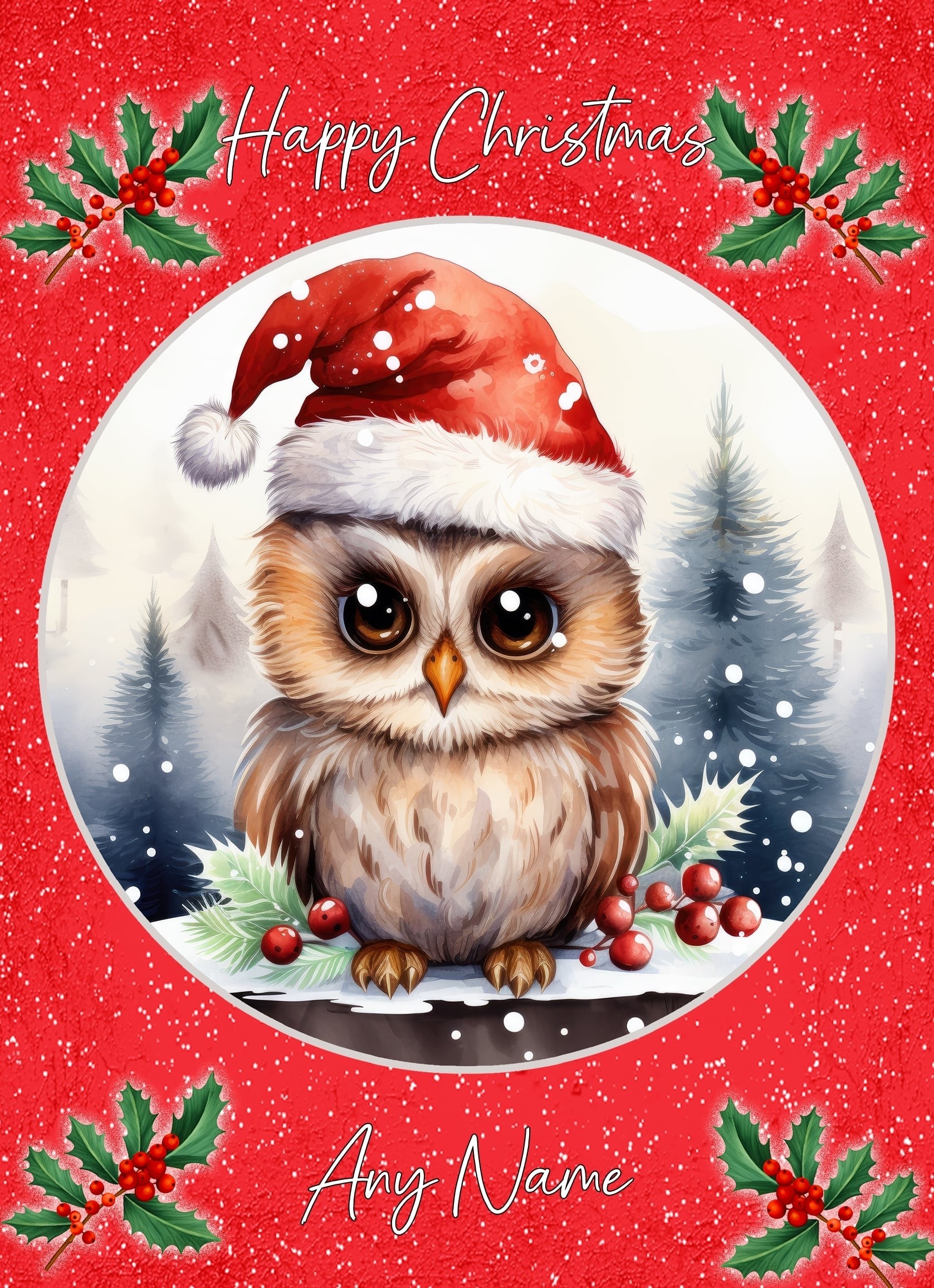 Personalised Owl Christmas Card (Red, Globe)