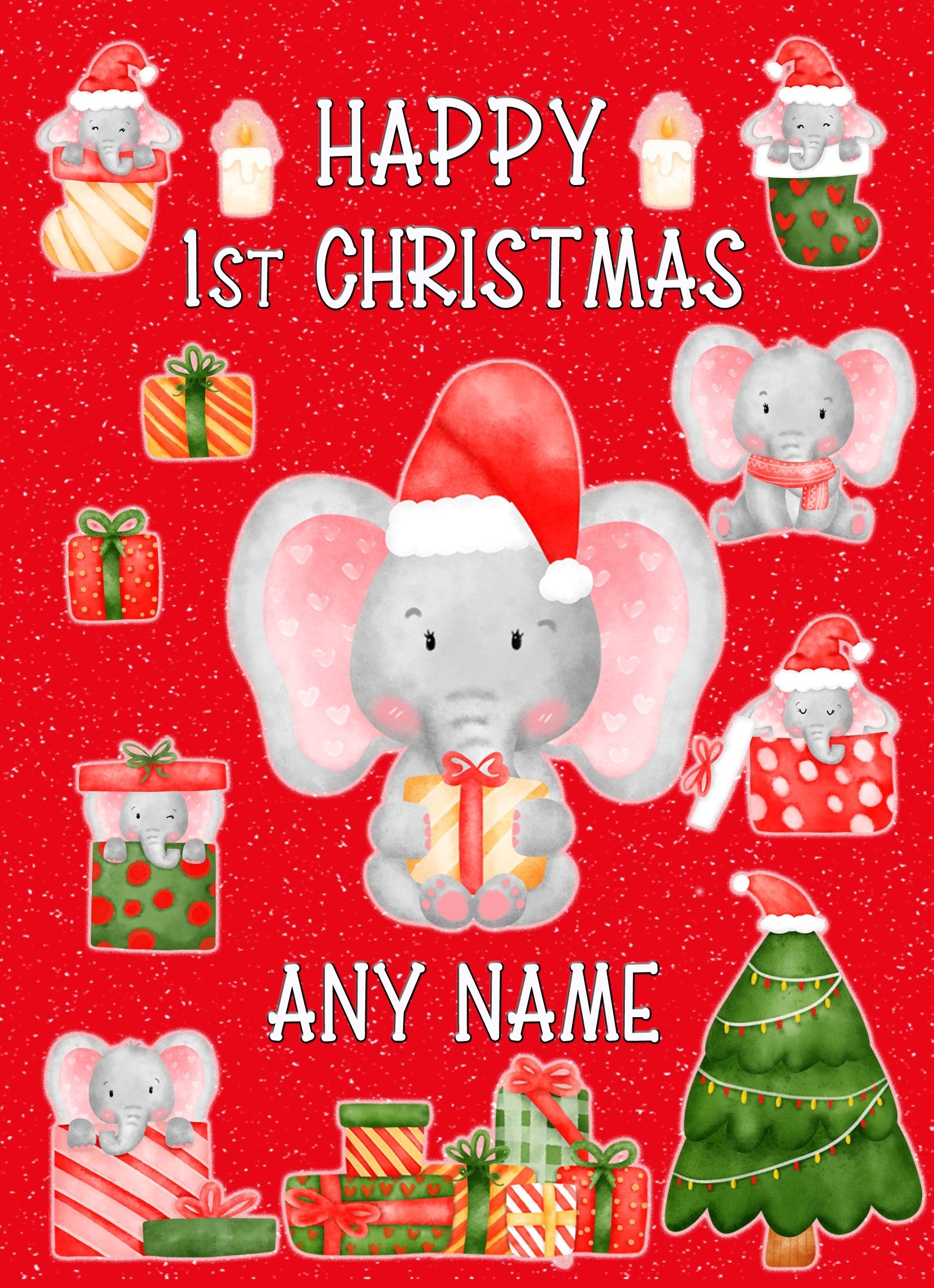 Personalised 1st Christmas Card for (Red, Elephants)