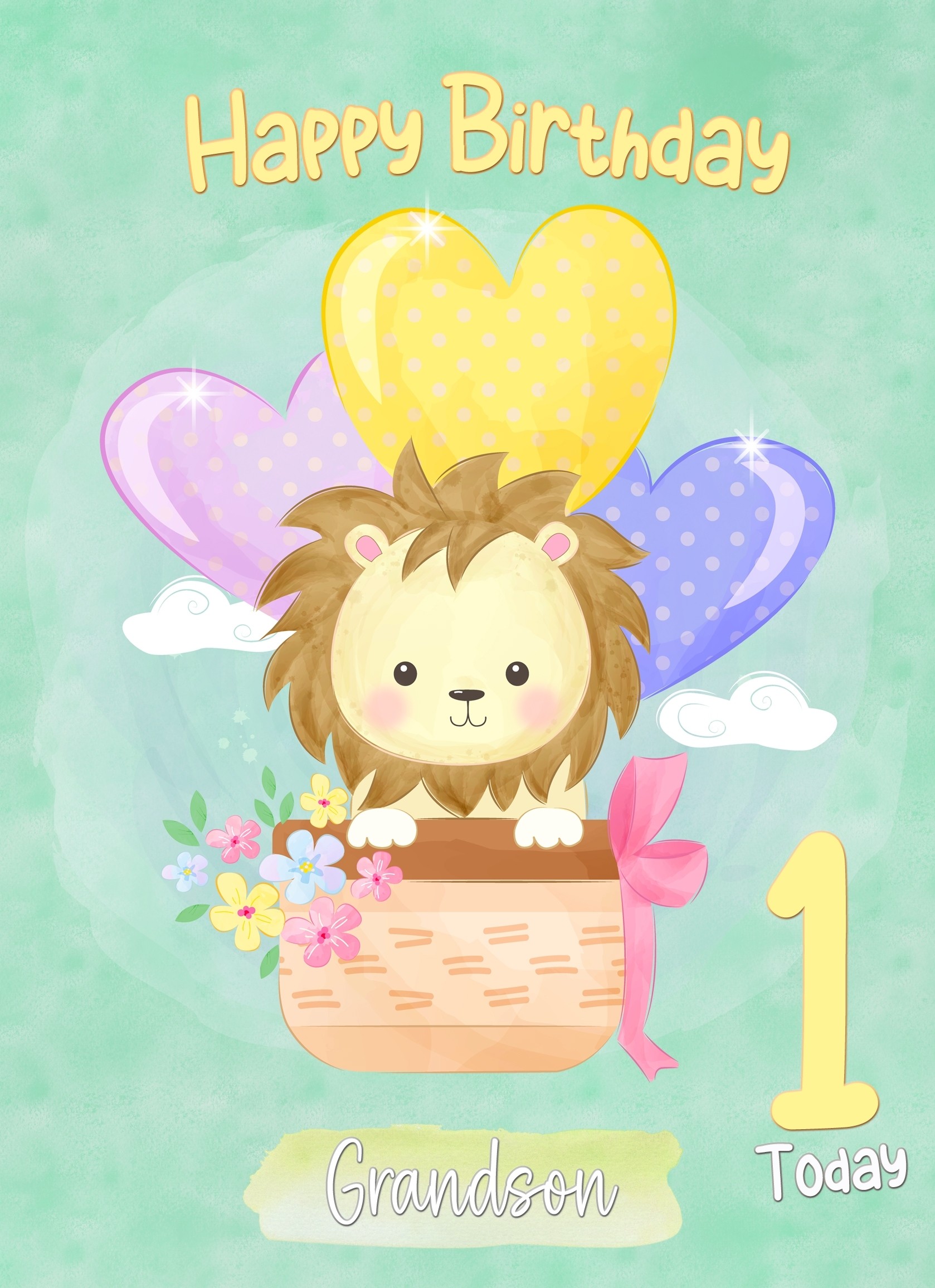 Kids 1st Birthday Card for Grandson (Lion)