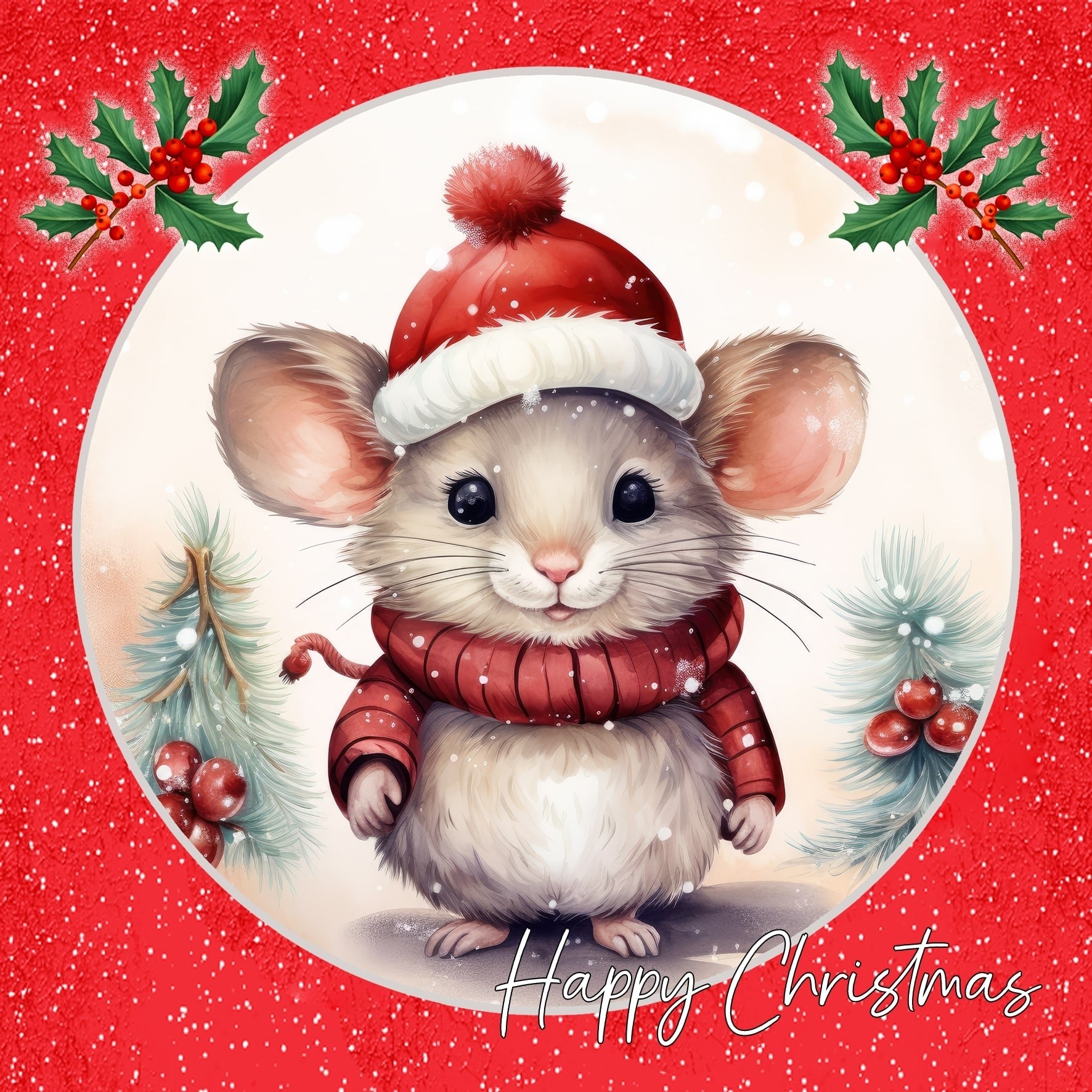 Mouse Square Christmas Card (Red, Globe)