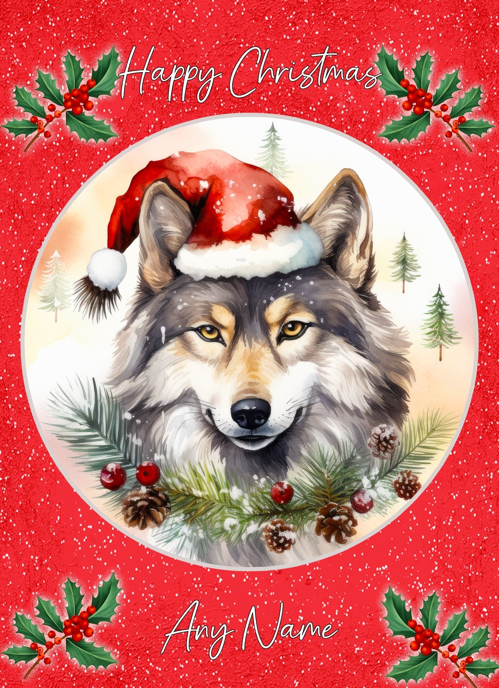 Personalised Wolf Christmas Card (Red, Globe)