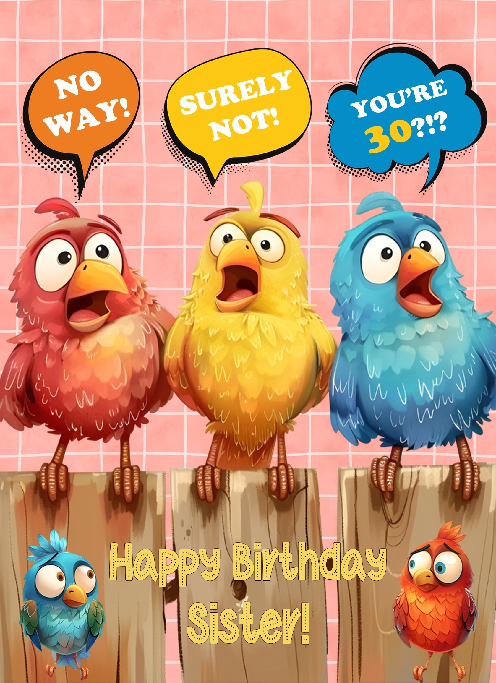 Sister 30th Birthday Card (Funny Birds Surprised)