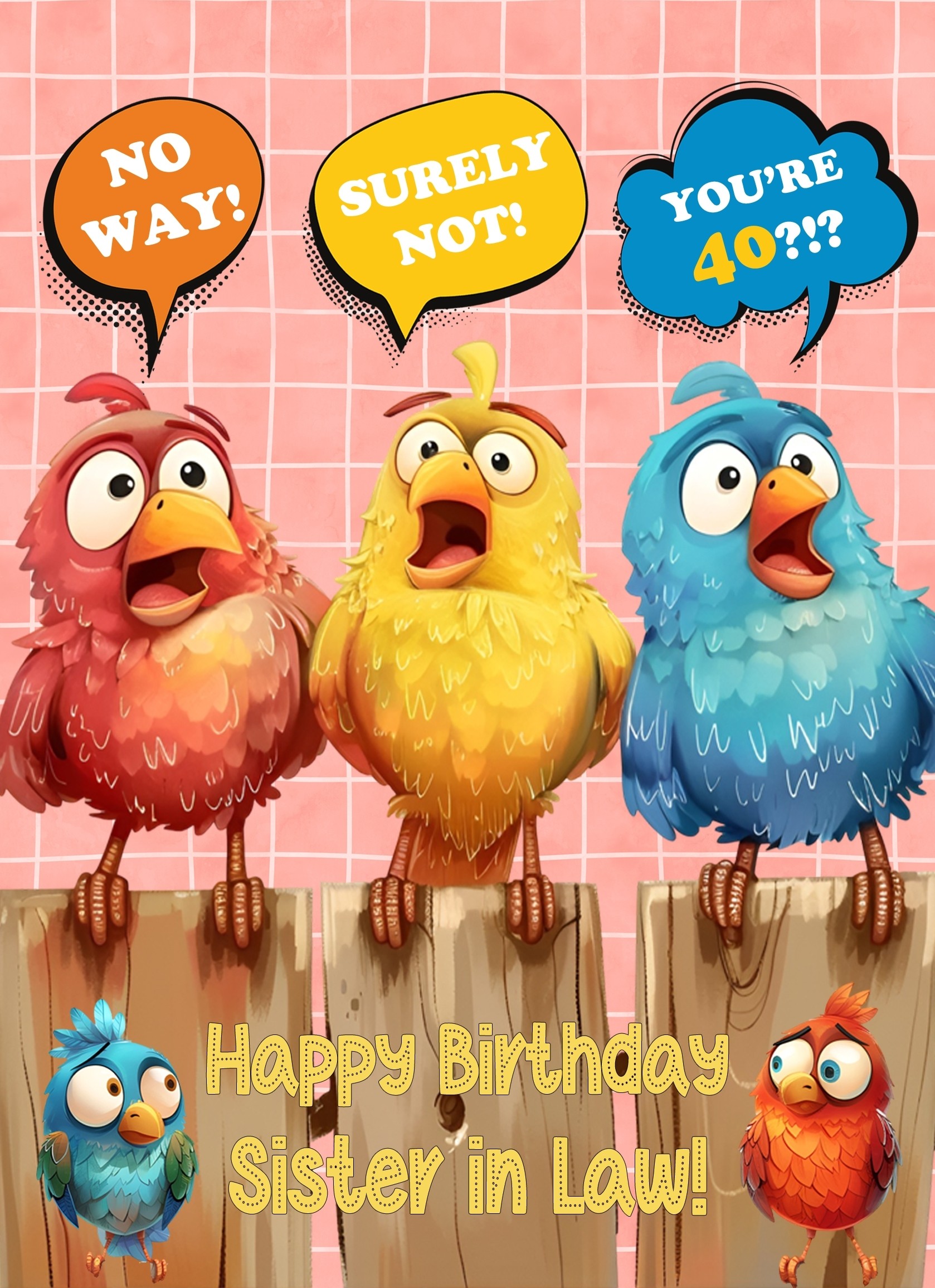 Sister in Law 40th Birthday Card (Funny Birds Surprised)