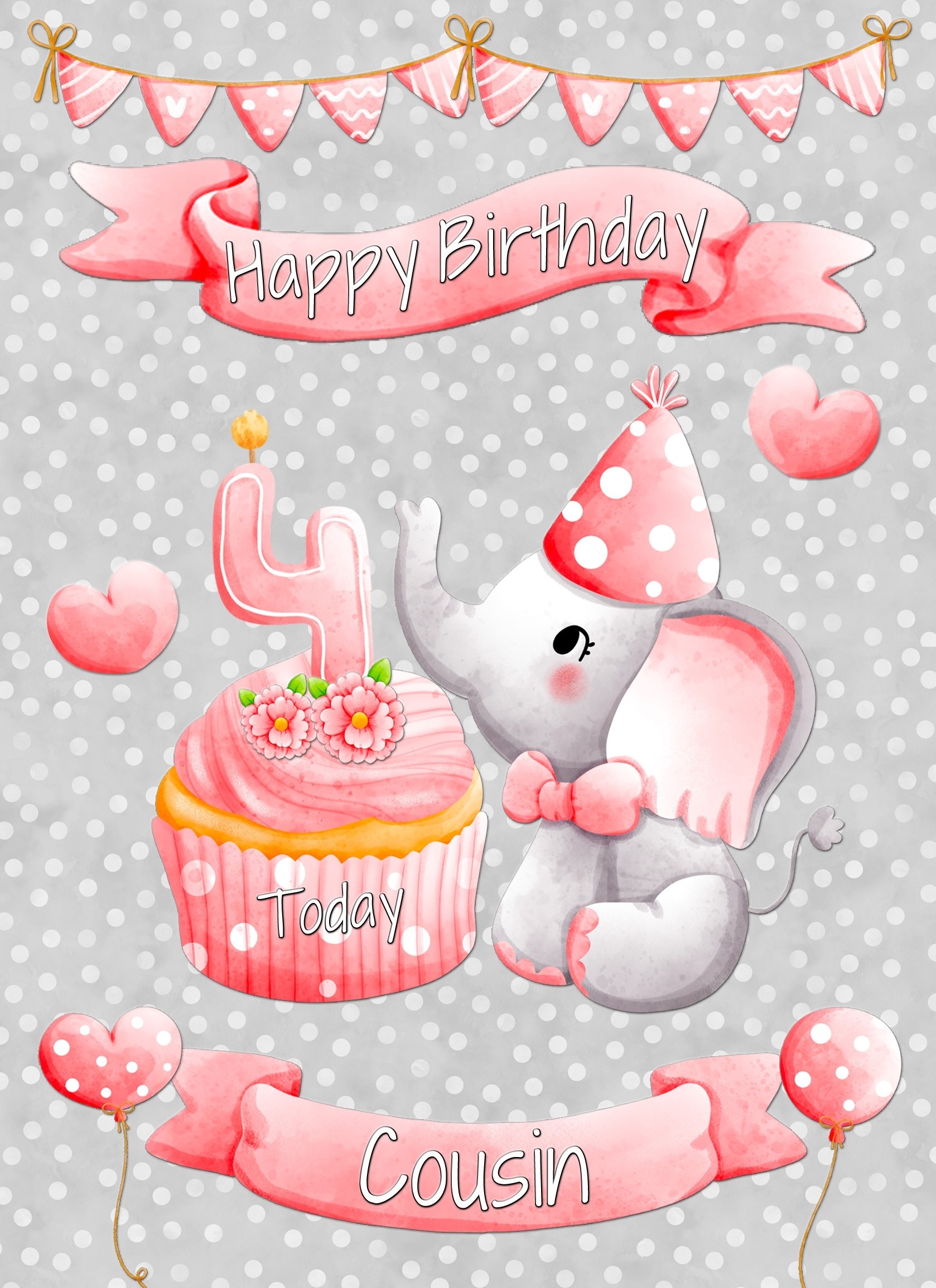 Cousin 4th Birthday Card (Grey Elephant)