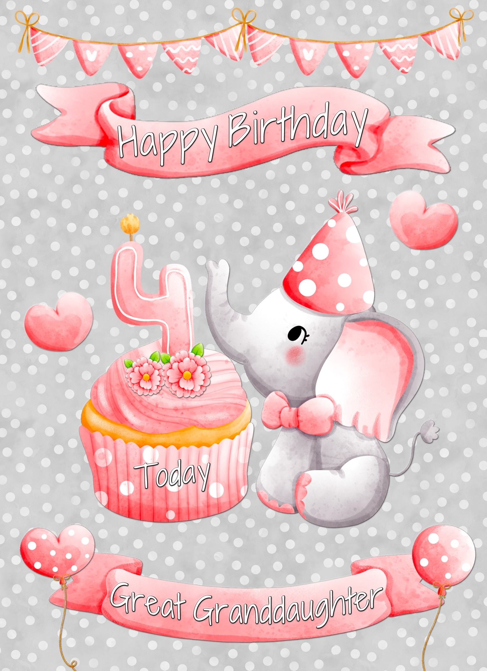 Great Granddaughter 4th Birthday Card (Grey Elephant)