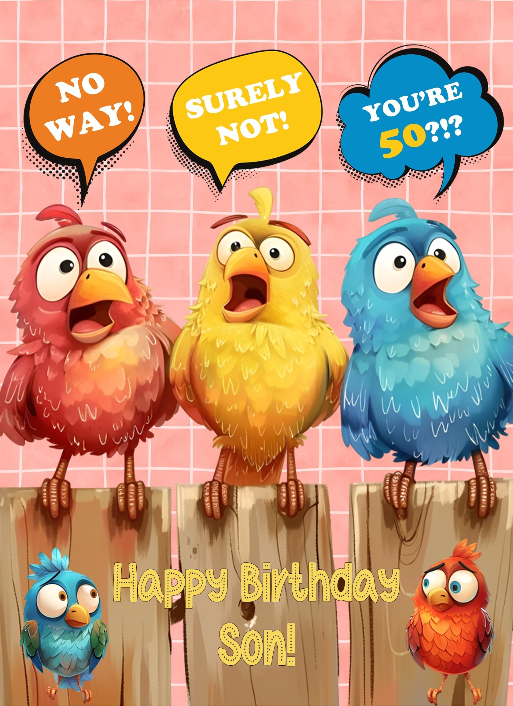 Son 50th Birthday Card (Funny Birds Surprised)