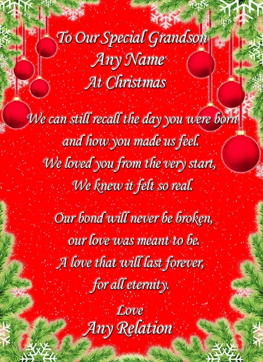 Personalised 'Our Special Grandson' Verse Poem Christmas Card (Red)