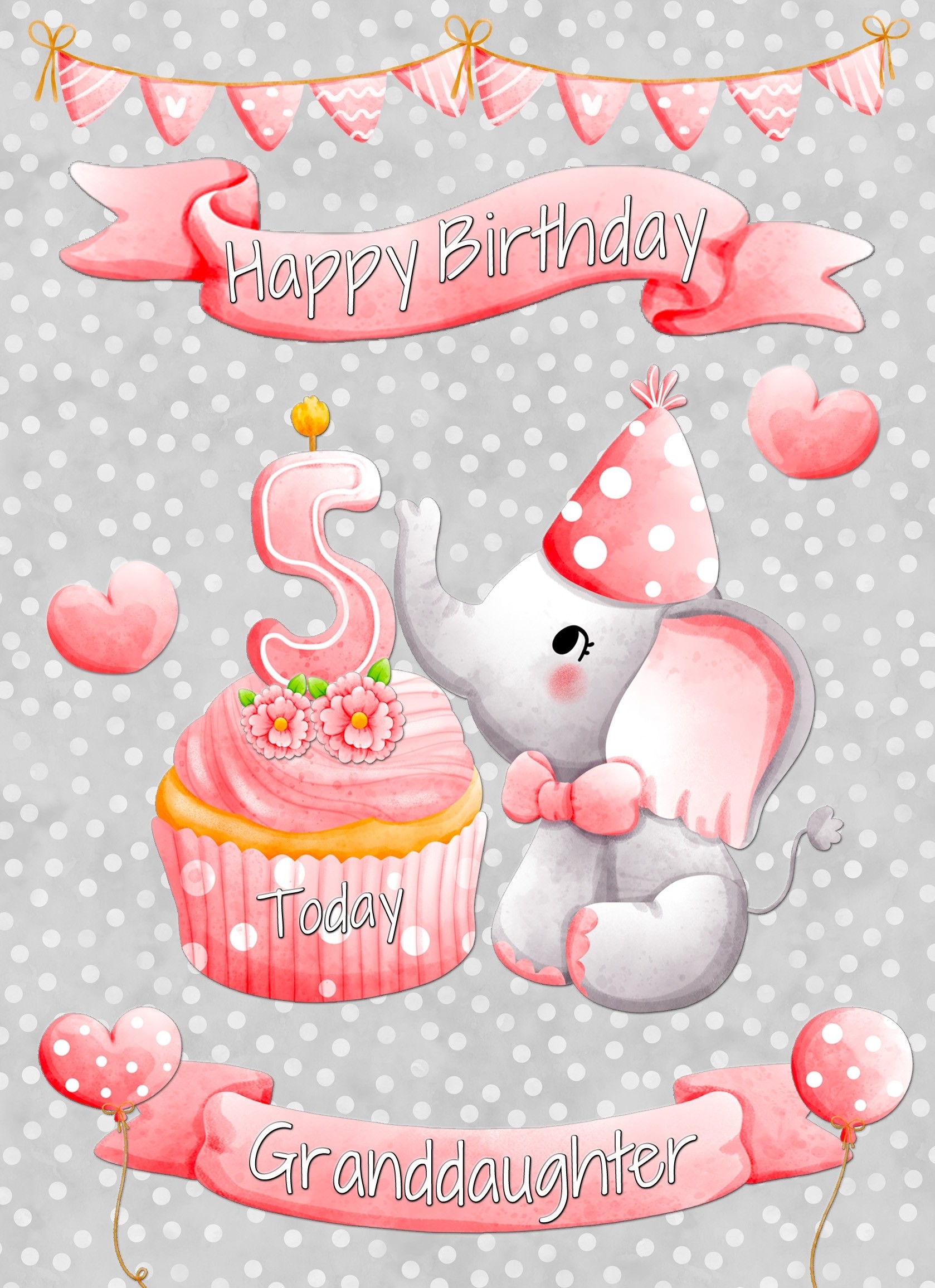 Granddaughter 5th Birthday Card (Grey Elephant)