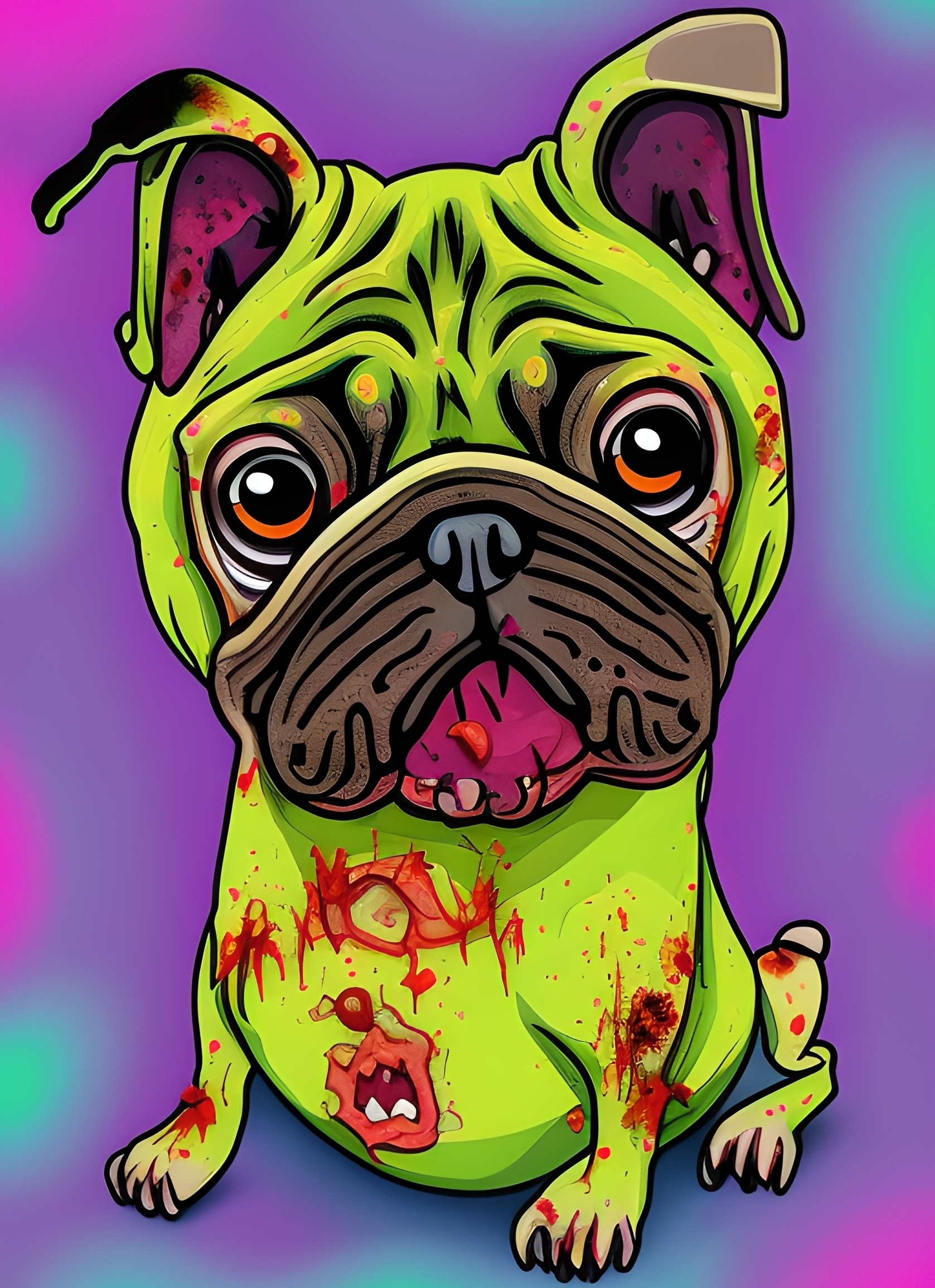 Zombie Pug Dog Colourful Fantasy Art Blank Greeting Card