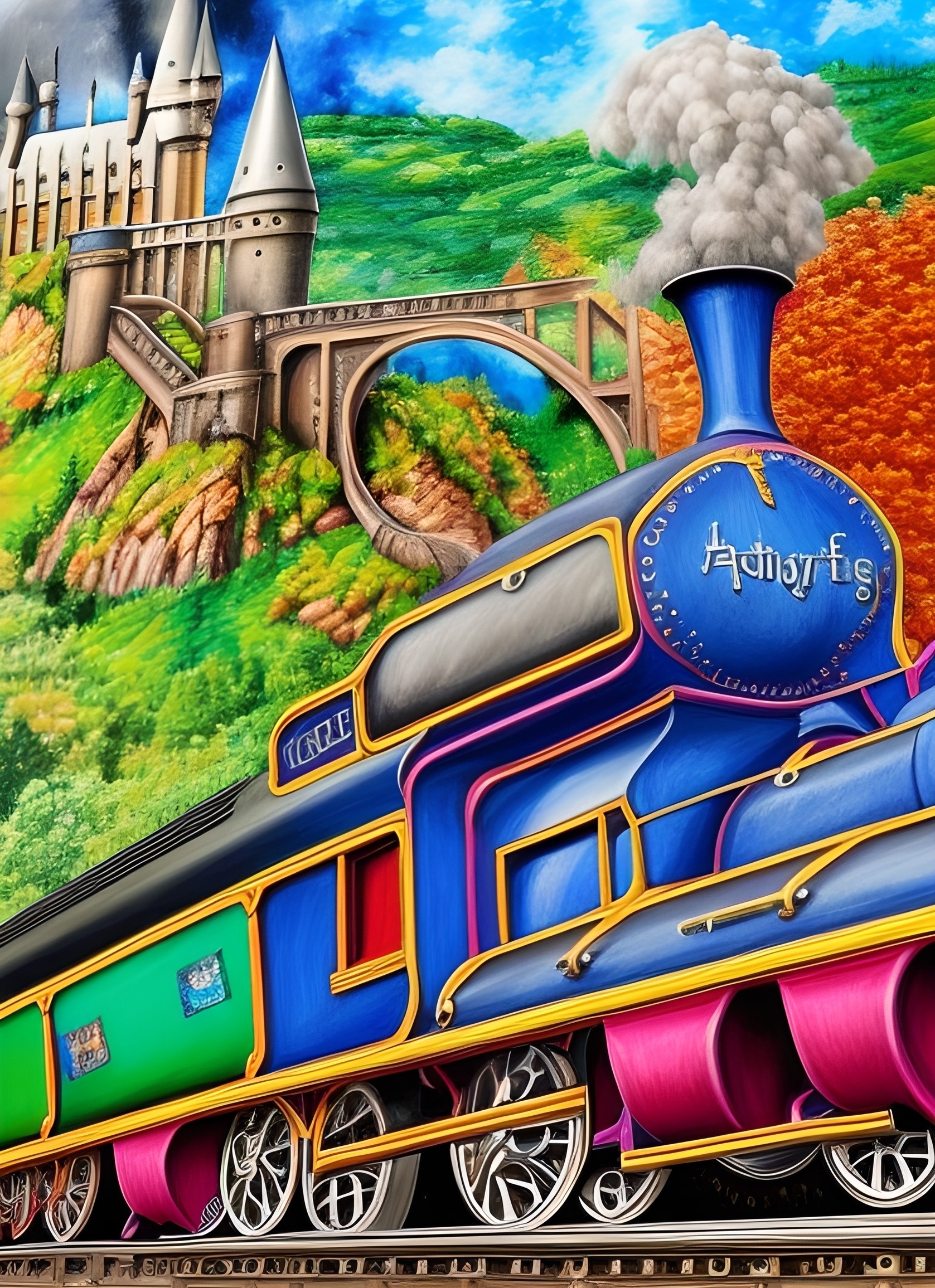 Steam Train Colourful Art Scene Blank Greeting Card