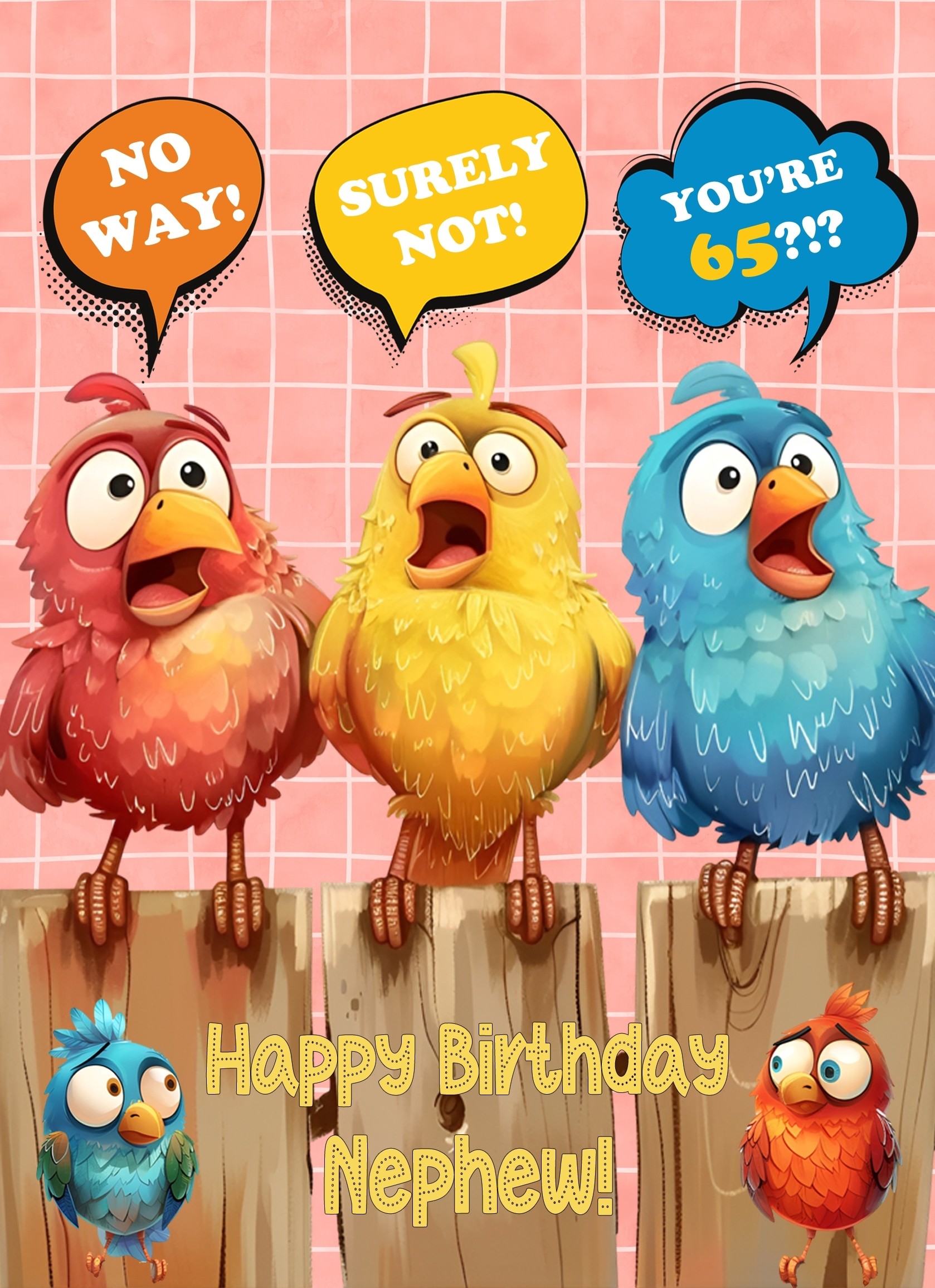 Nephew 65th Birthday Card (Funny Birds Surprised)