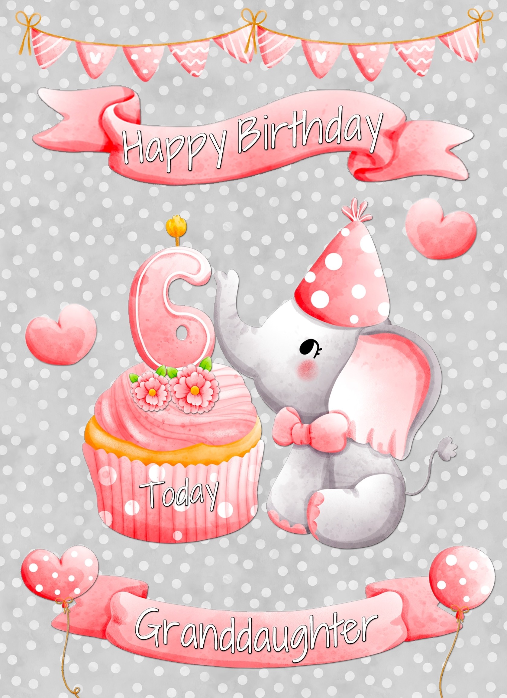 Granddaughter 6th Birthday Card (Grey Elephant)