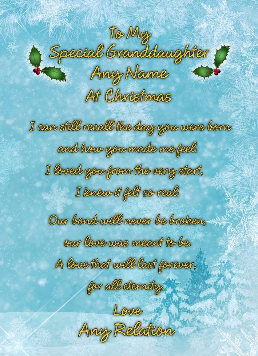 Personalised 'My Special Granddaughter' Verse Poem Christmas Card (Blue)