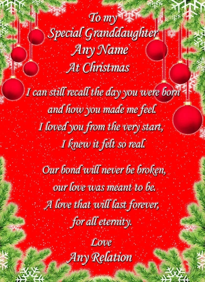Personalised 'My Special Granddaughter' Verse Poem Christmas Card (Red)