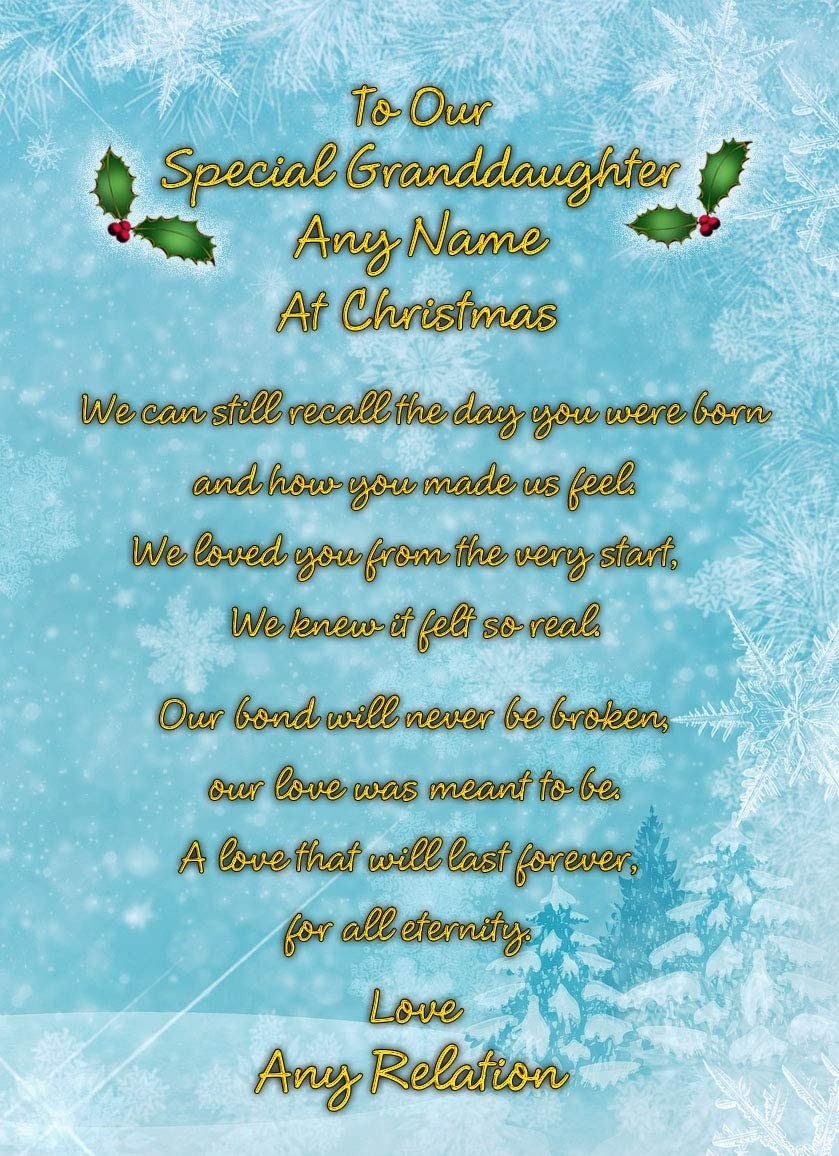 Personalised 'Our Special Granddaughter' Verse Poem Christmas Card (Blue)