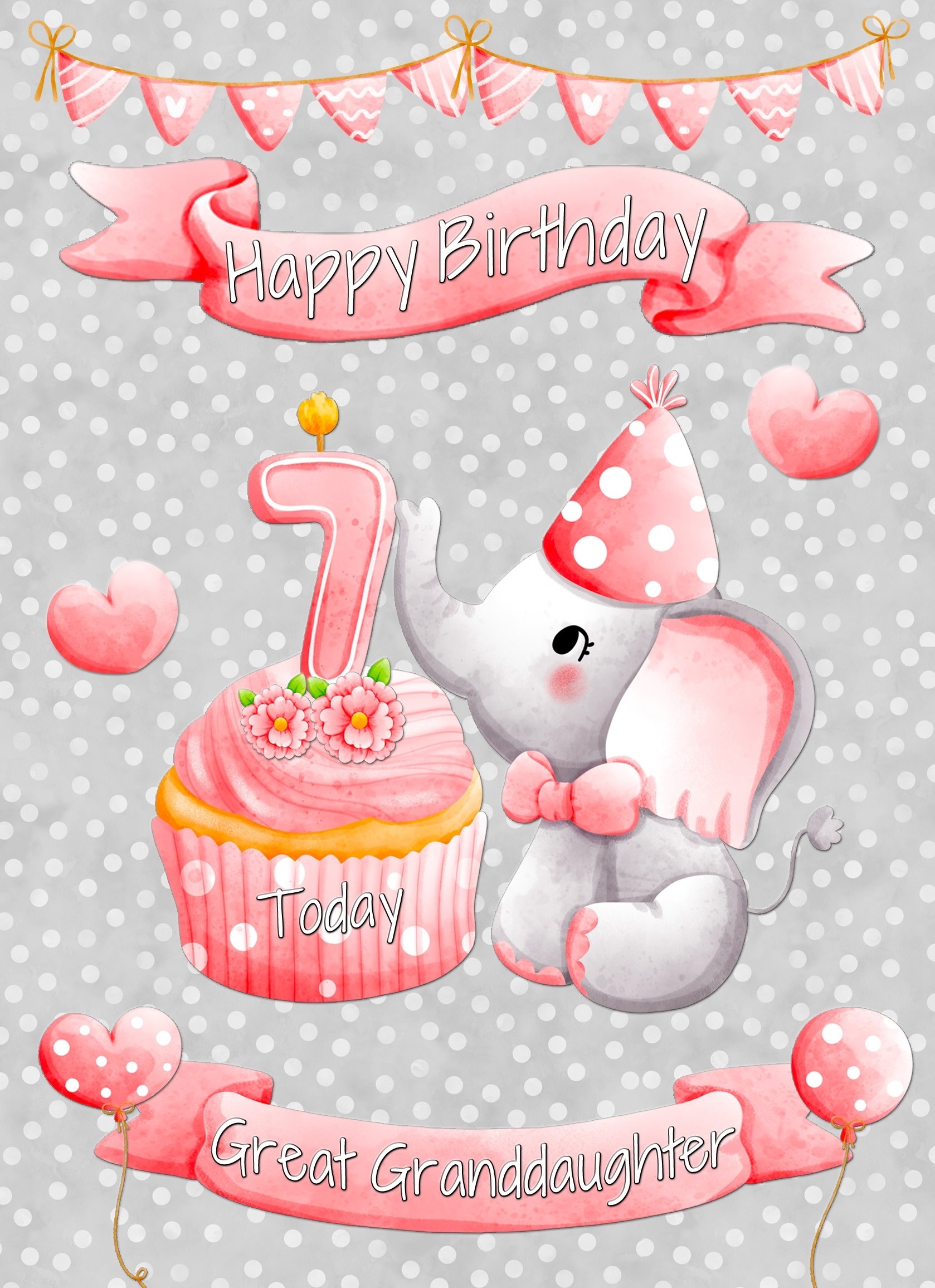 Great Granddaughter 7th Birthday Card (Grey Elephant)