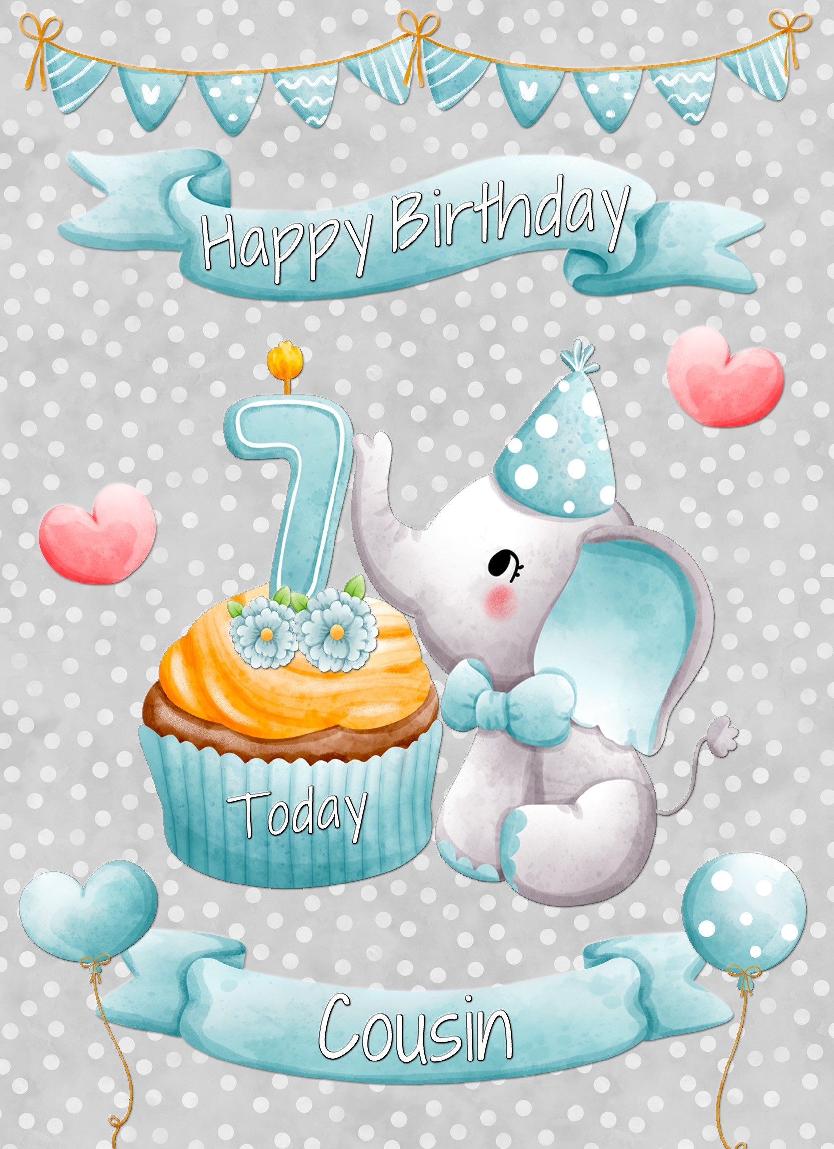 Cousin 7th Birthday Card (Grey Elephant)