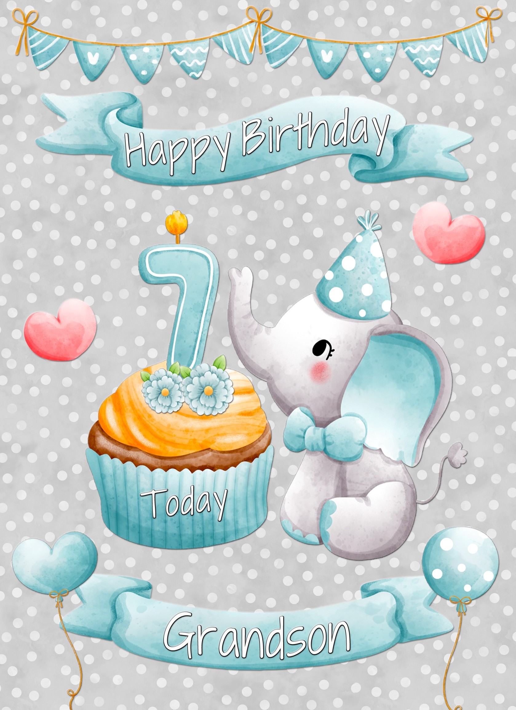 Grandson 7th Birthday Card (Grey Elephant)