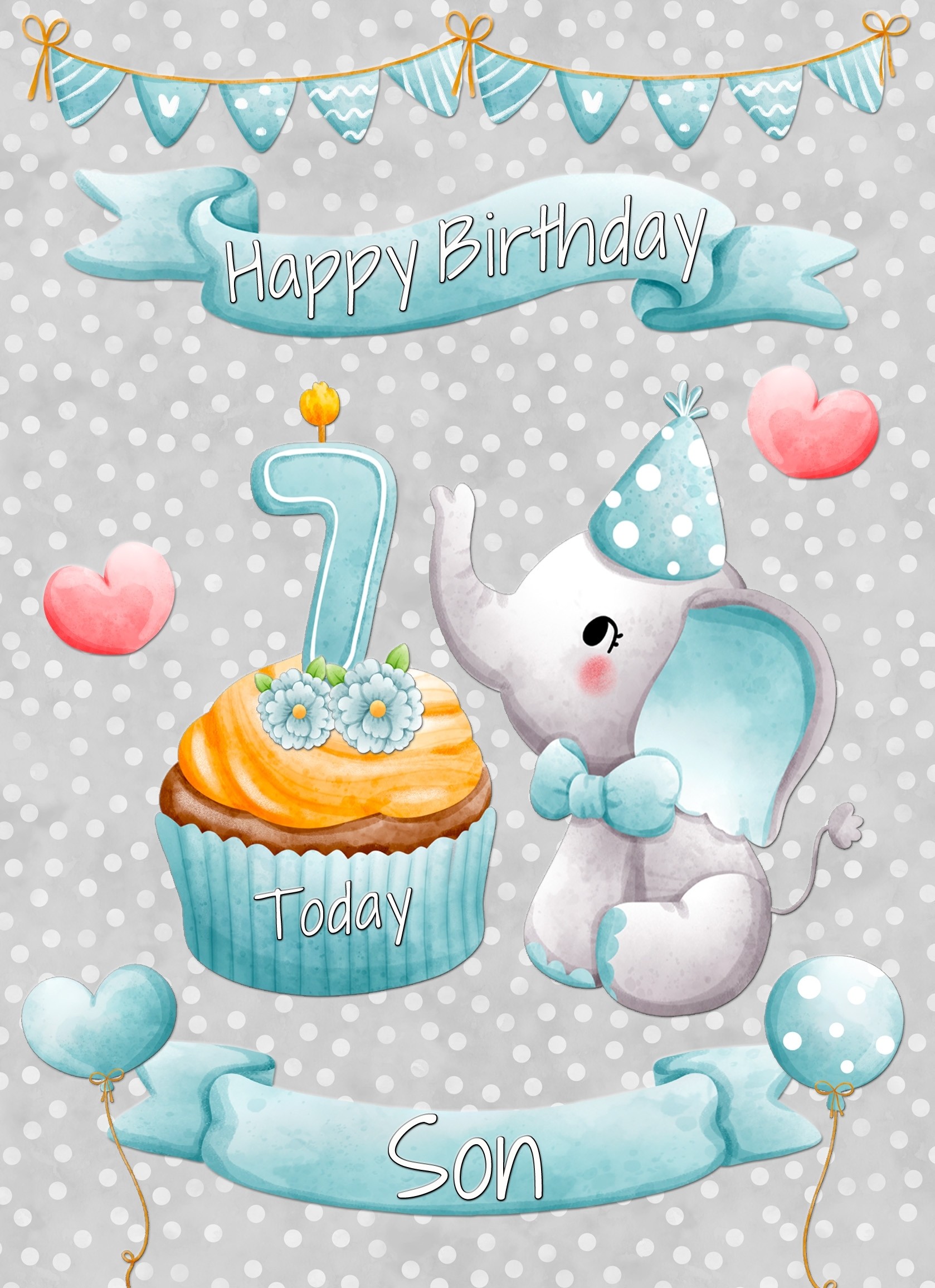 Son 7th Birthday Card (Grey Elephant)