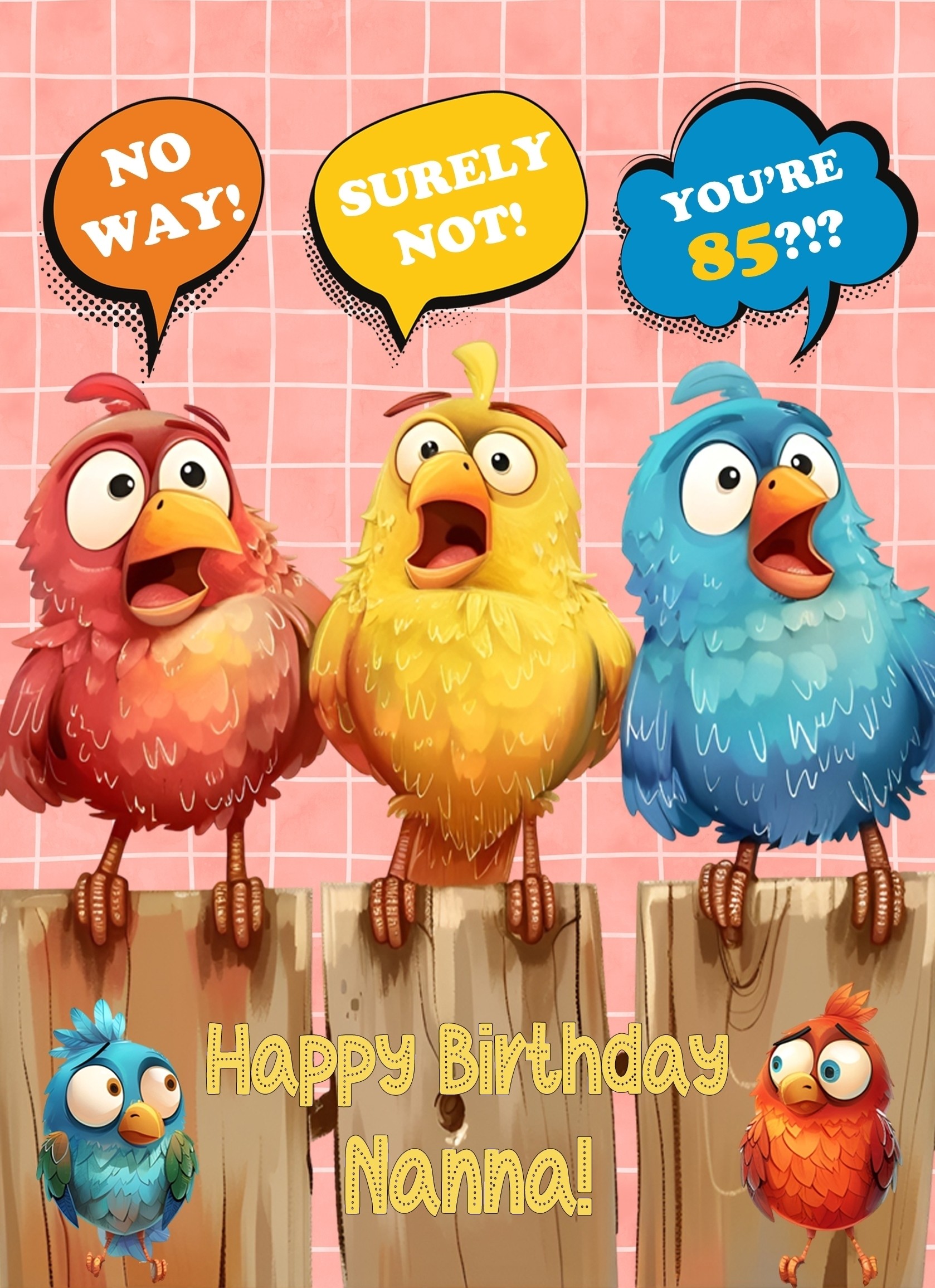 Nanna 85th Birthday Card (Funny Birds Surprised)
