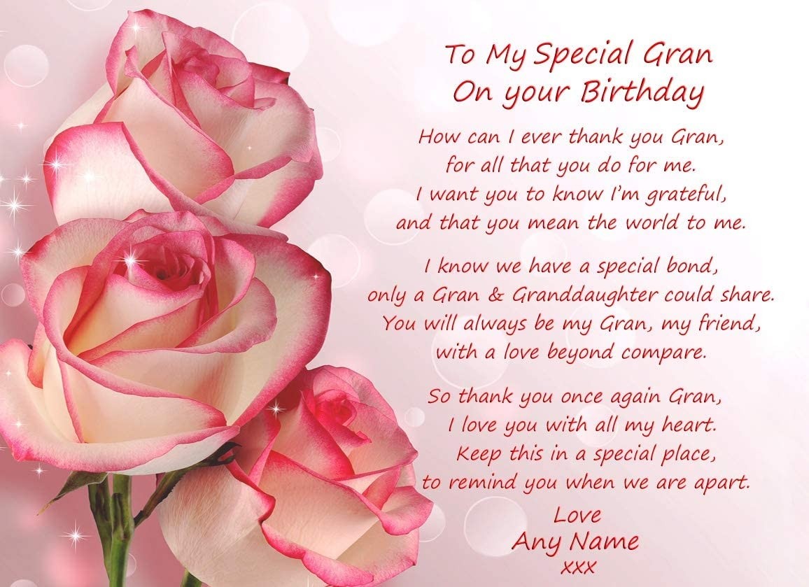 Personalised Birthday Poem Verse Greeting Card (Special Gran, from Granddaughter)