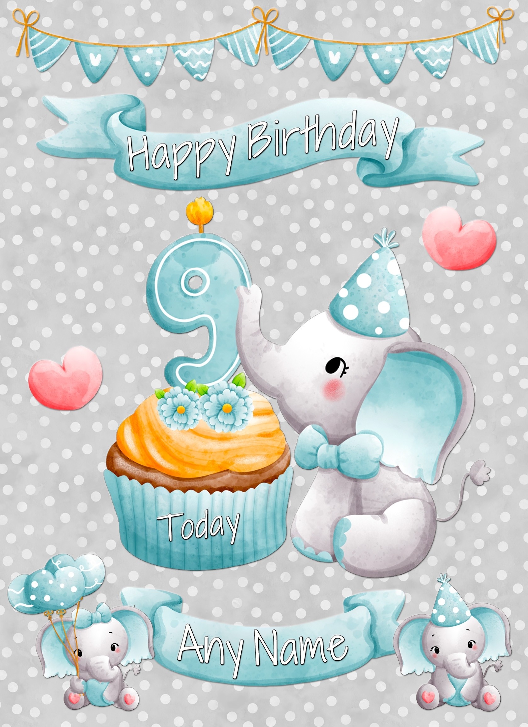 Personalised 9th Birthday Card (Grey Elephant)