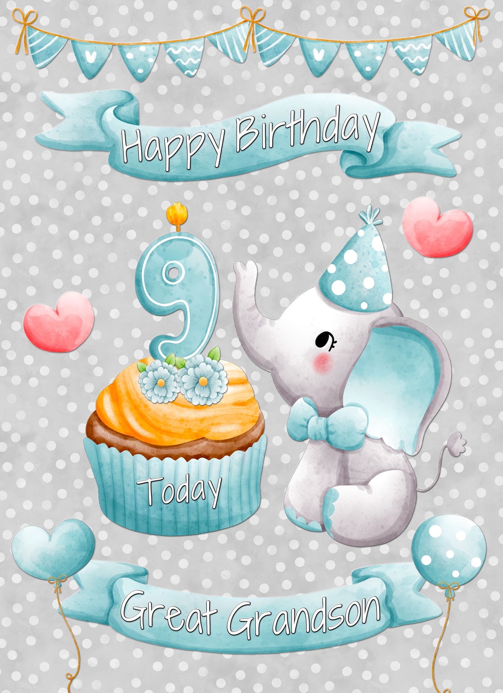 Great Grandson 9th Birthday Card (Grey Elephant)