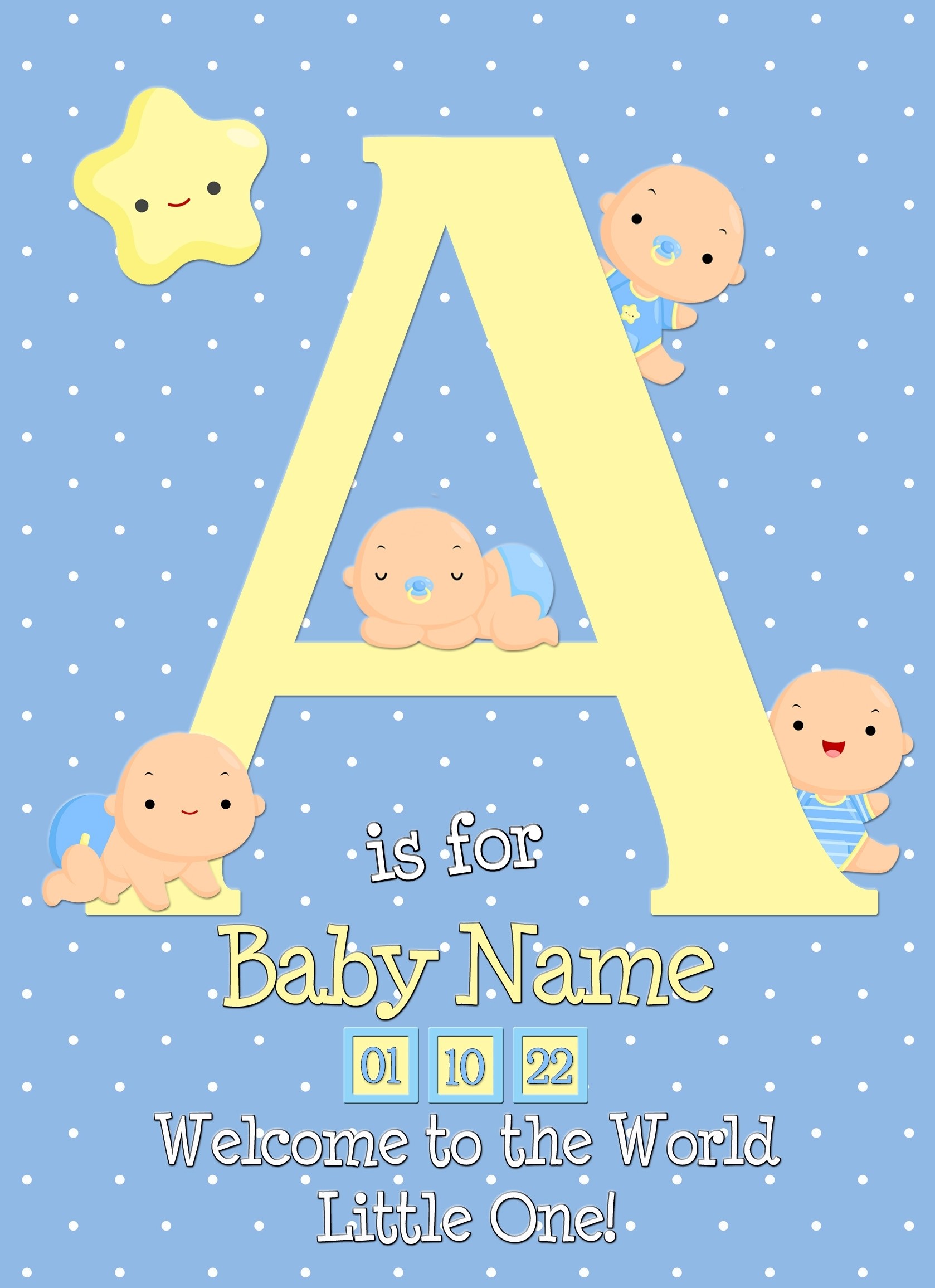 Personalised Baby Boy Birth Greeting Card (Name Starting With 'A')