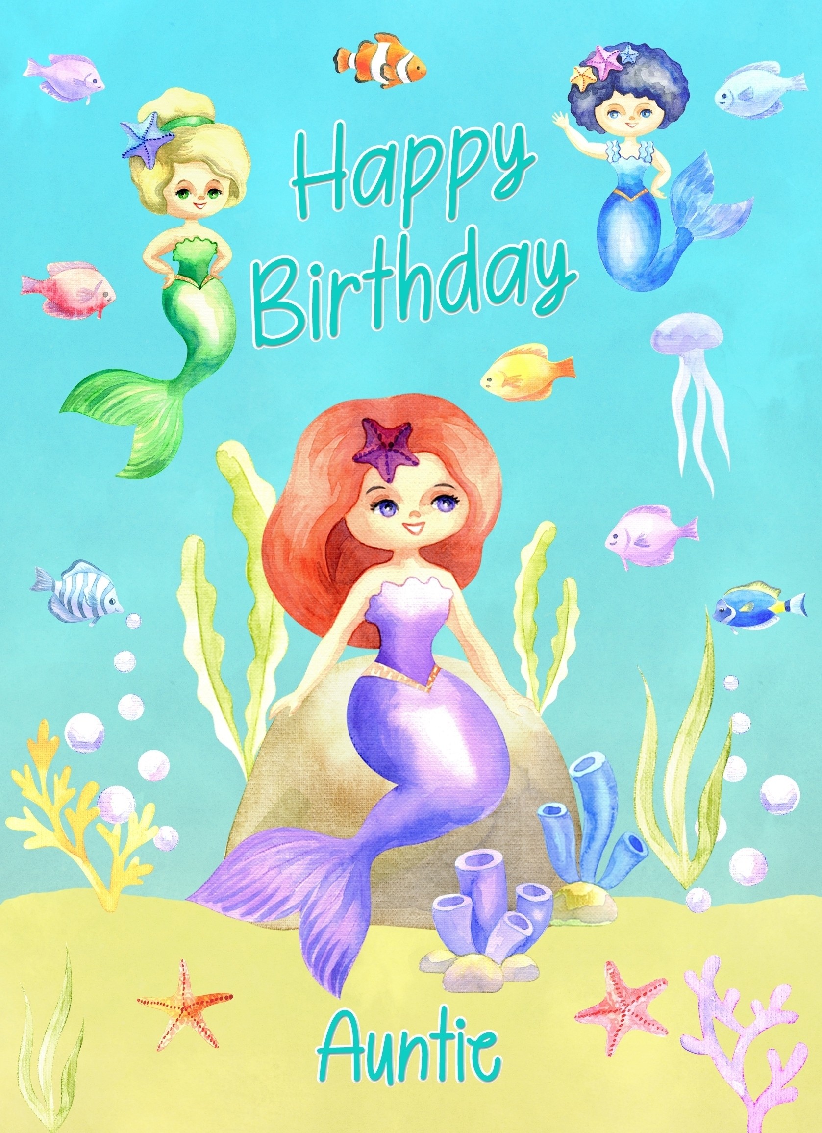 Birthday Card For Auntie (Mermaid, Blue)