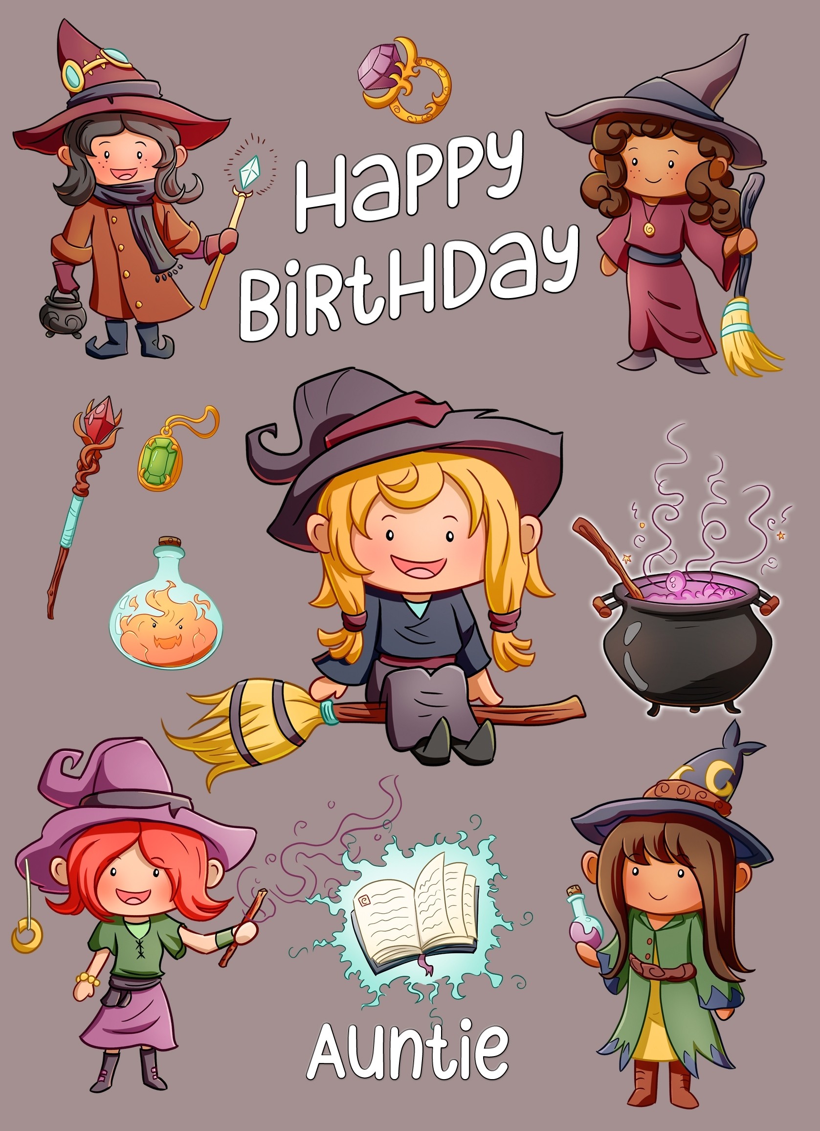 Birthday Card For Auntie (Witch, Cartoon)